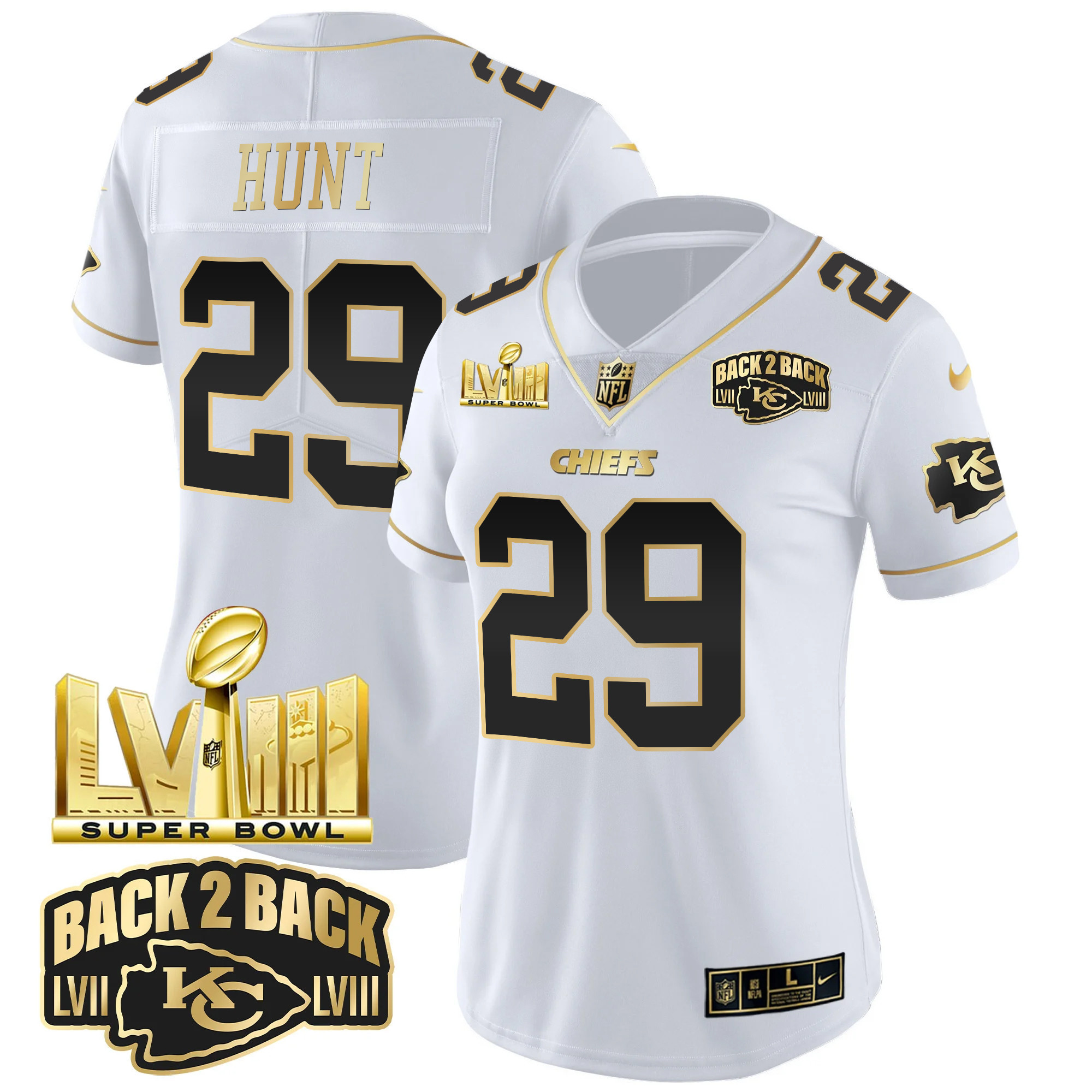 Women's Chiefs Super Bowl LVIII & Back 2 Back Gold Patch Vapor Jersey V2 - All Stitched - Image 24