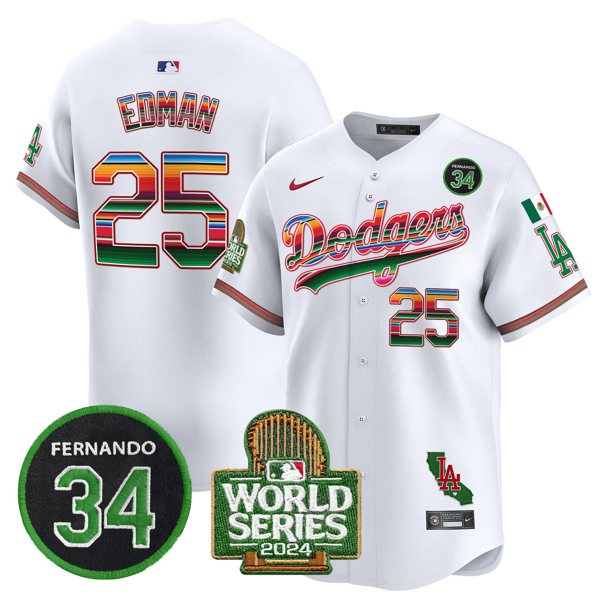 Men's Dodgers Mexico Fernando Memorial & 2024 World Series Patch Vapor Premier Limited Jersey - All Stitched - Image 8