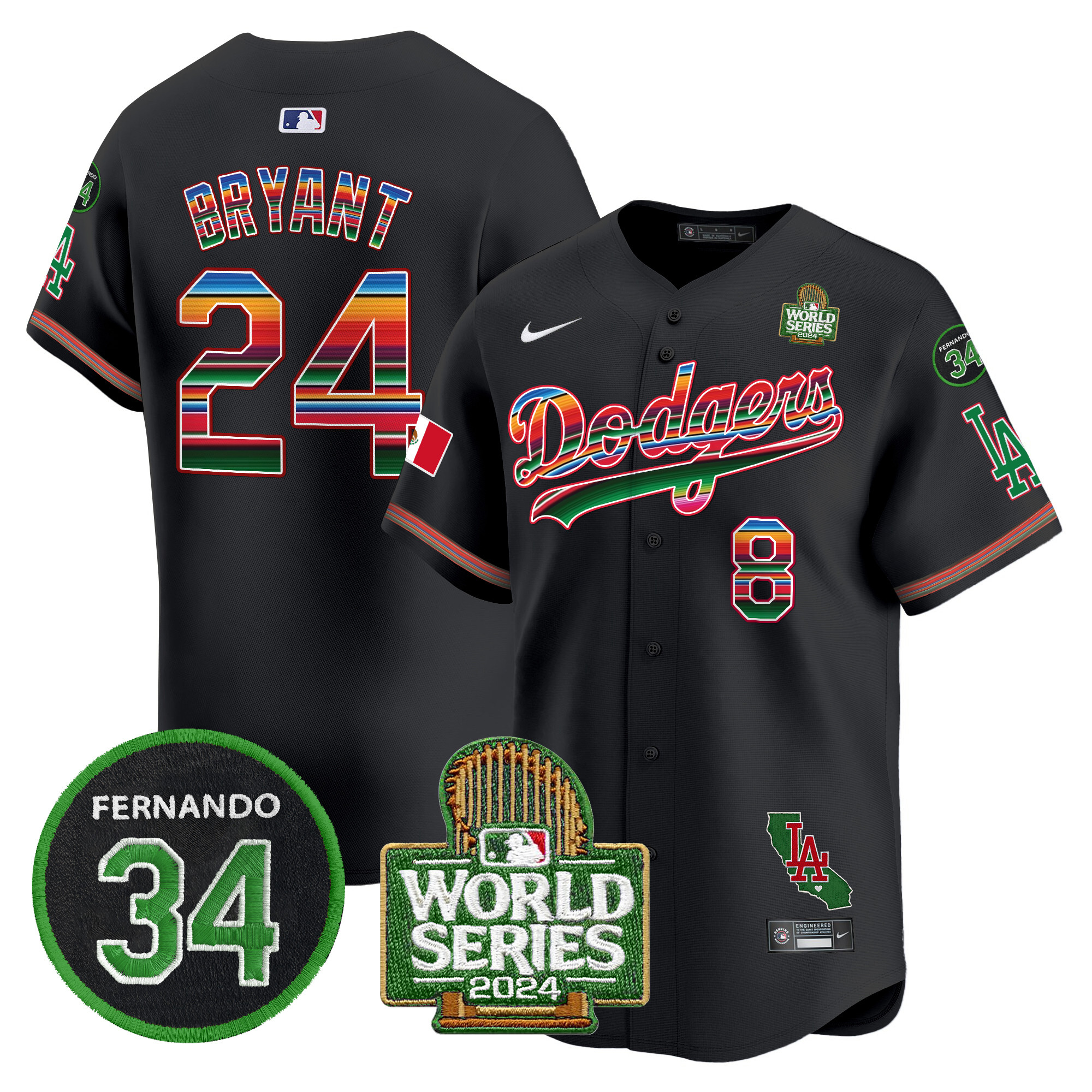 Men's Dodgers Mexico Fernando Memorial & 2024 World Series Patch Vapor Premier Limited Jersey V2 - All Stitched - Image 25