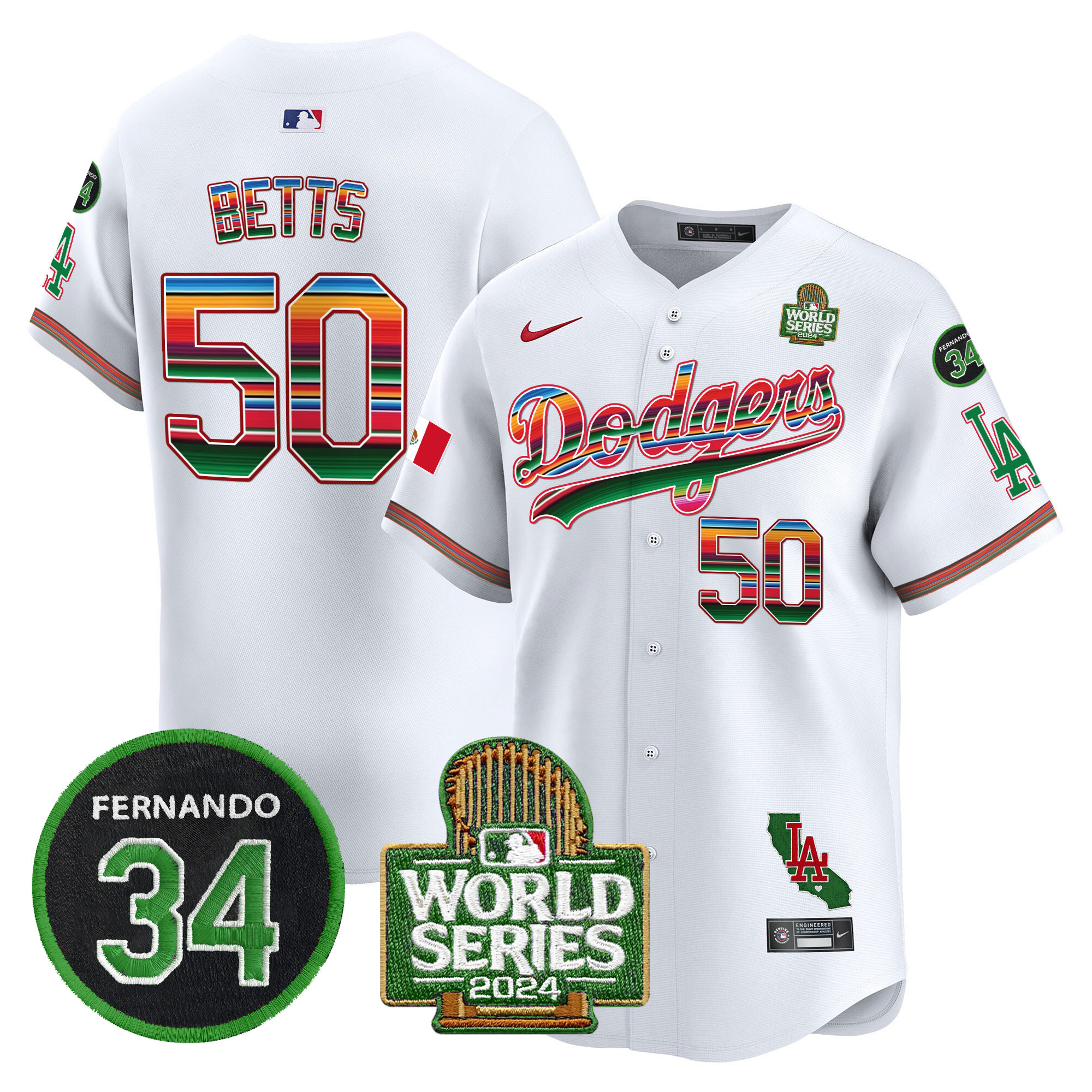 Men's Dodgers Mexico Fernando Memorial & 2024 World Series Patch Vapor Premier Limited Jersey V2 - All Stitched - Image 4