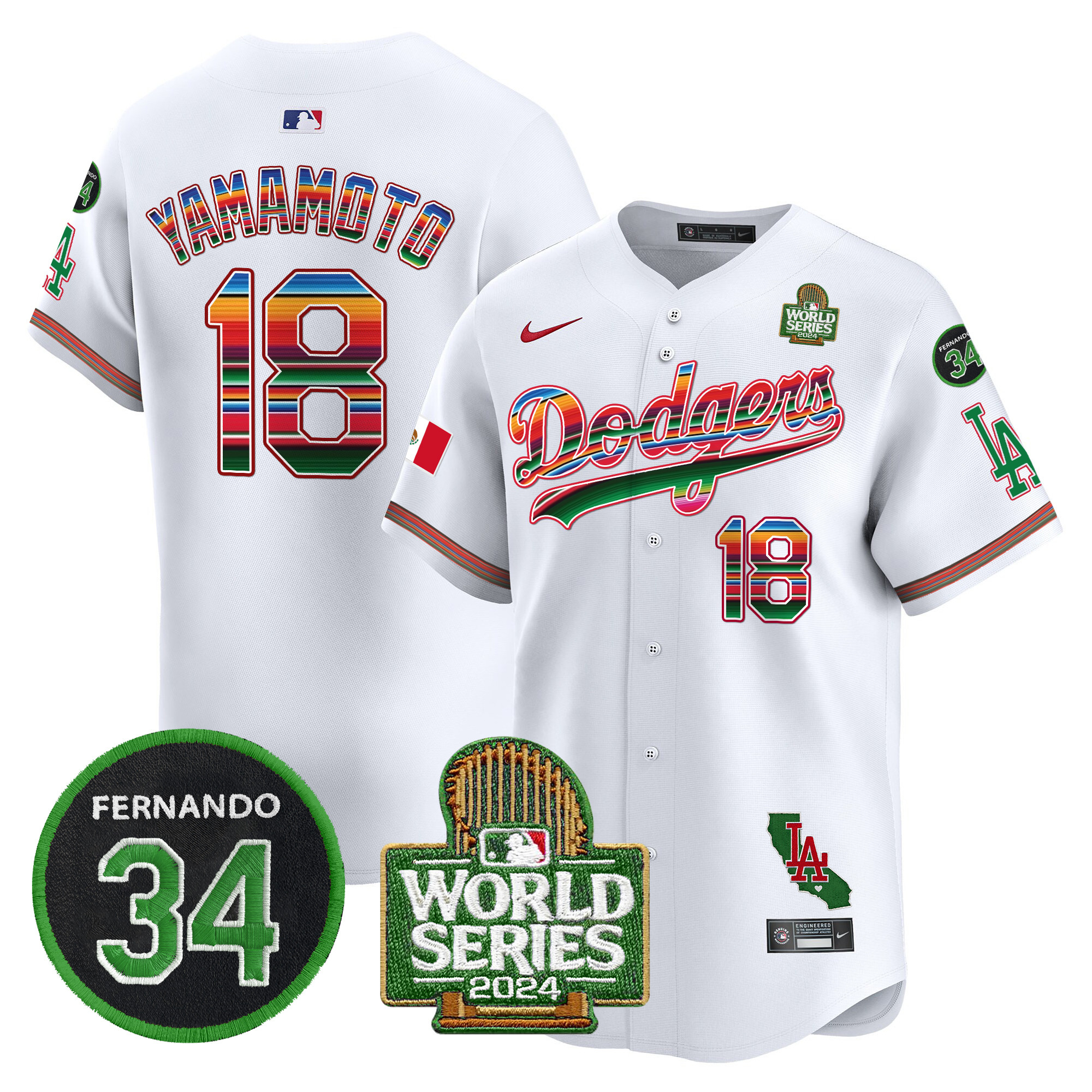 Men's Dodgers Mexico Fernando Memorial & 2024 World Series Patch Vapor Premier Limited Jersey V2 - All Stitched - Image 8