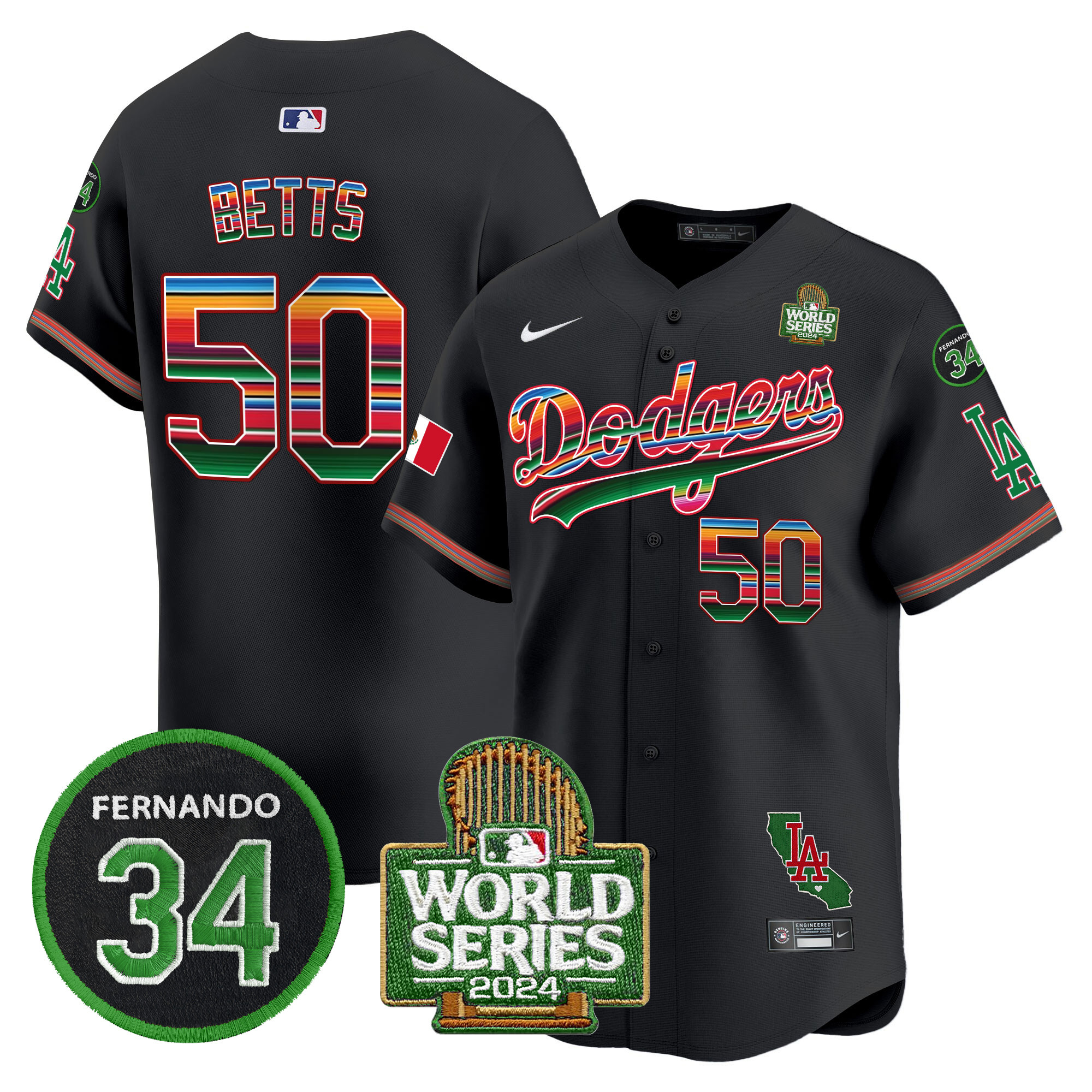 Men's Dodgers Mexico Fernando Memorial & 2024 World Series Patch Vapor Premier Limited Jersey V2 - All Stitched - Image 24