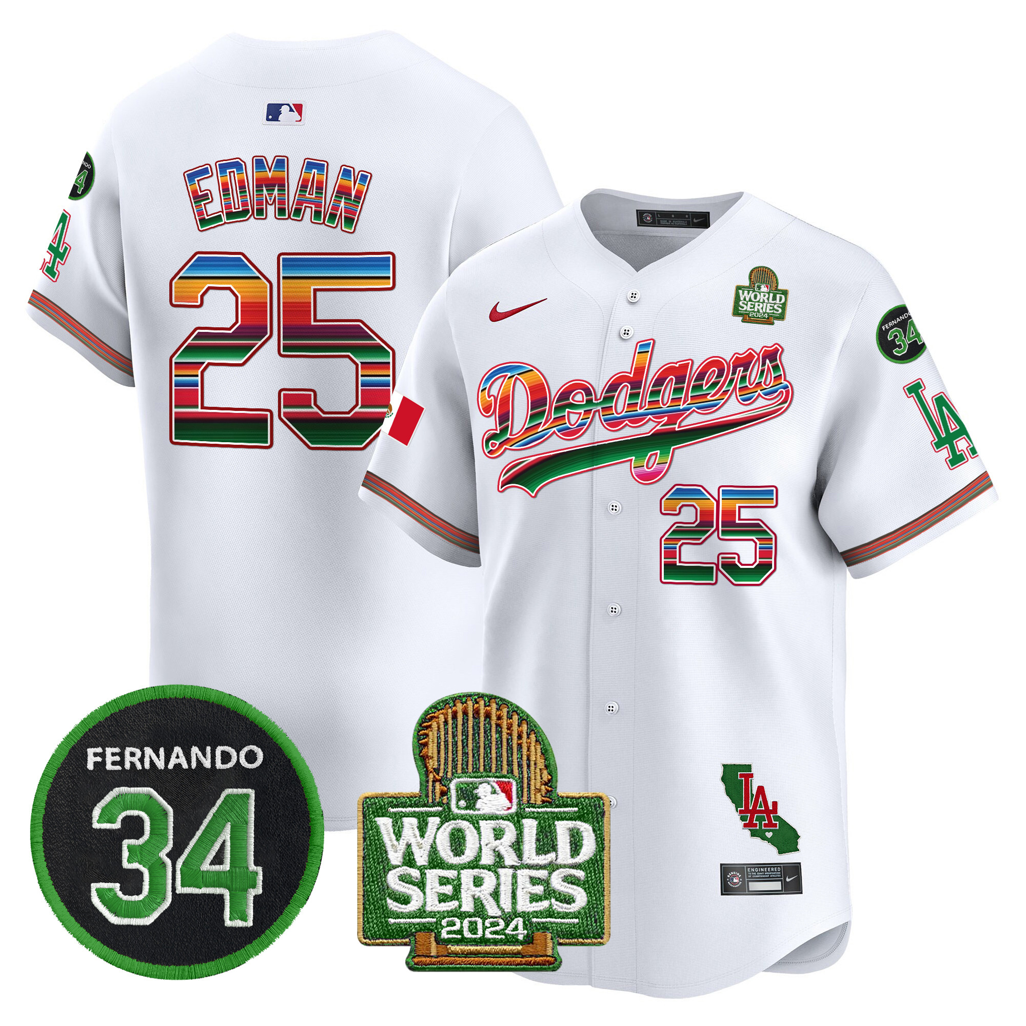 Men's Dodgers Mexico Fernando Memorial & 2024 World Series Patch Vapor Premier Limited Jersey V2 - All Stitched - Image 9