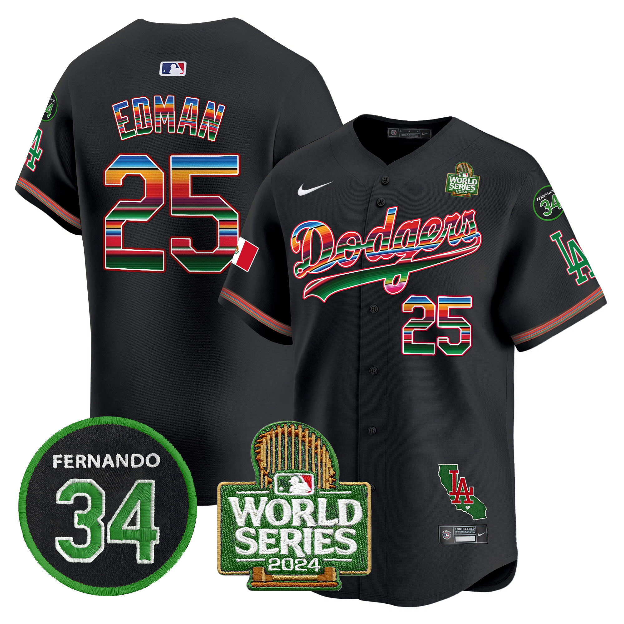 Men's Dodgers Mexico Fernando Memorial & 2024 World Series Patch Vapor Premier Limited Jersey V2 - All Stitched - Image 29