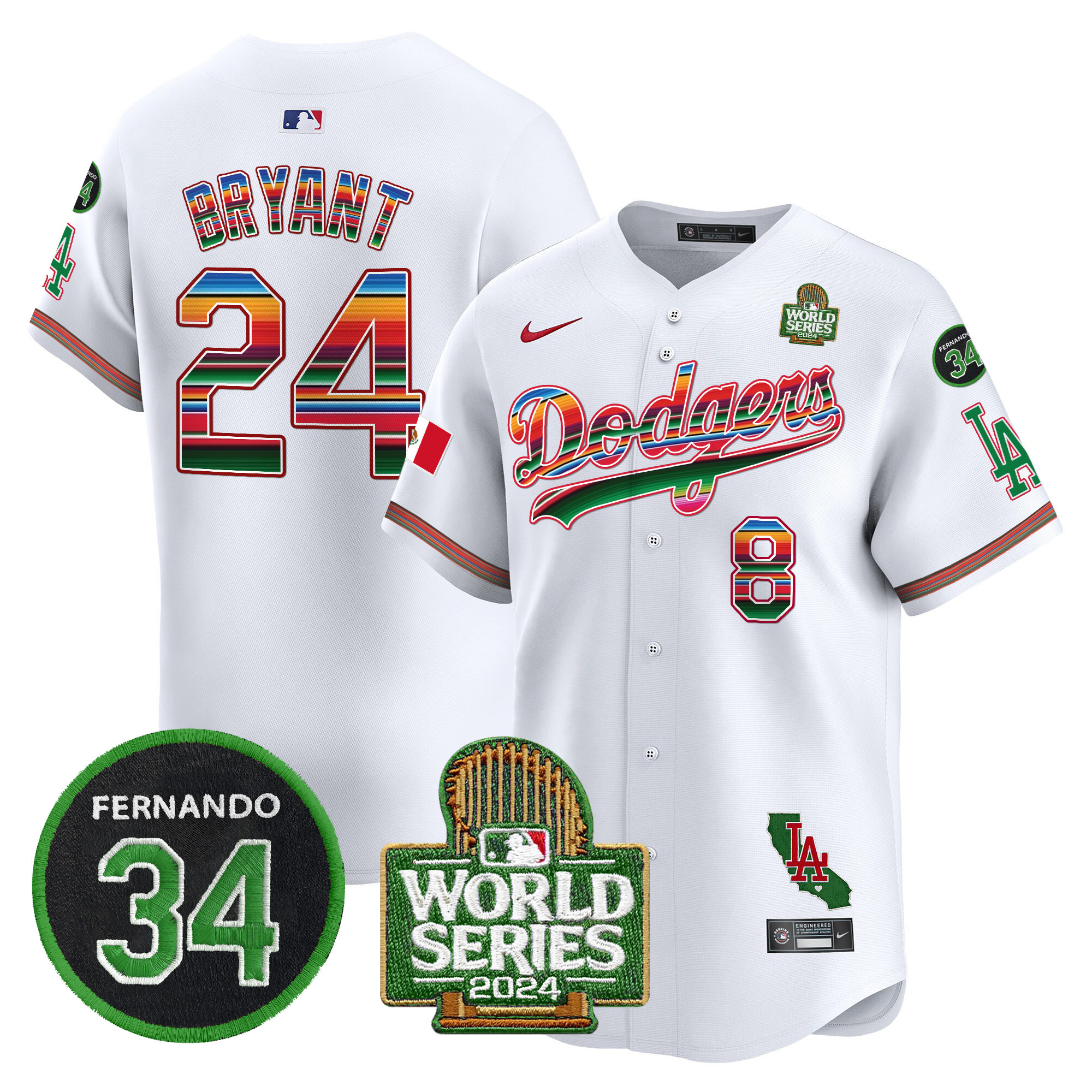 Men's Dodgers Mexico Fernando Memorial & 2024 World Series Patch Vapor Premier Limited Jersey V2 - All Stitched - Image 5