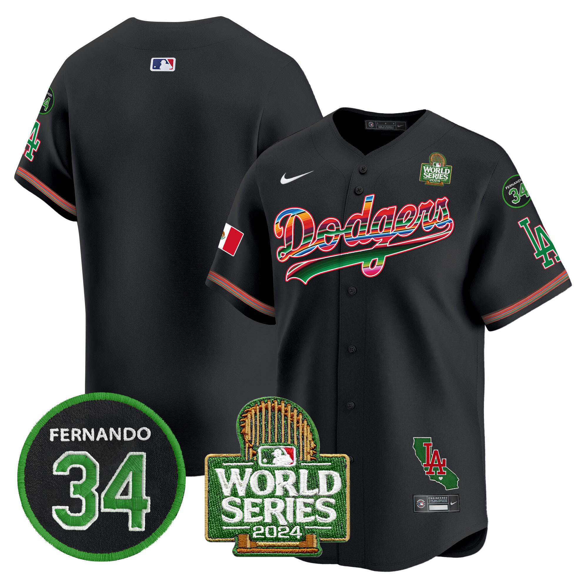 Men's Dodgers Mexico Fernando Memorial & 2024 World Series Patch Vapor Premier Limited Jersey V2 - All Stitched - Image 30