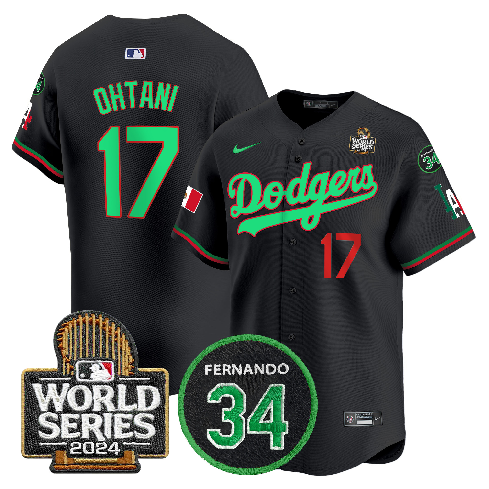 Men's Dodgers Mexico Fernando Memorial & 2024 World Series Patch Vapor Premier Limited Jersey V3 - All Stitched - Image 2