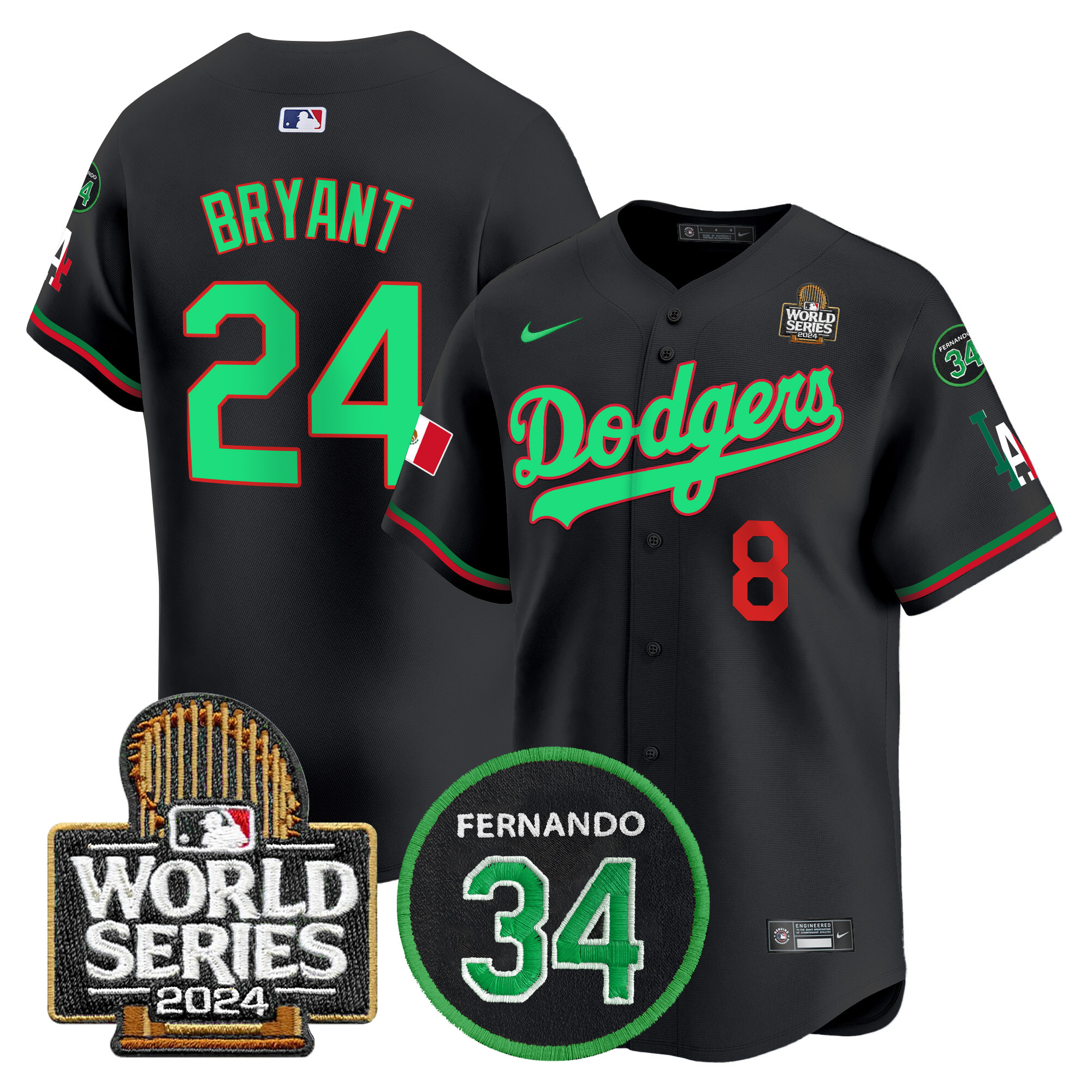 Men's Dodgers Mexico Fernando Memorial & 2024 World Series Patch Vapor Premier Limited Jersey V3 - All Stitched - Image 5