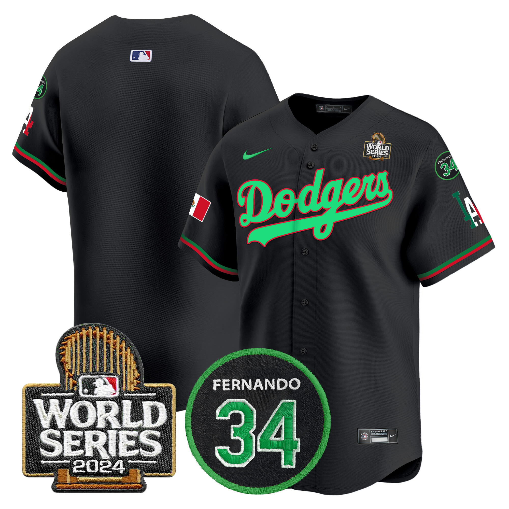 Men's Dodgers Mexico Fernando Memorial & 2024 World Series Patch Vapor Premier Limited Jersey V3 - All Stitched - Image 10