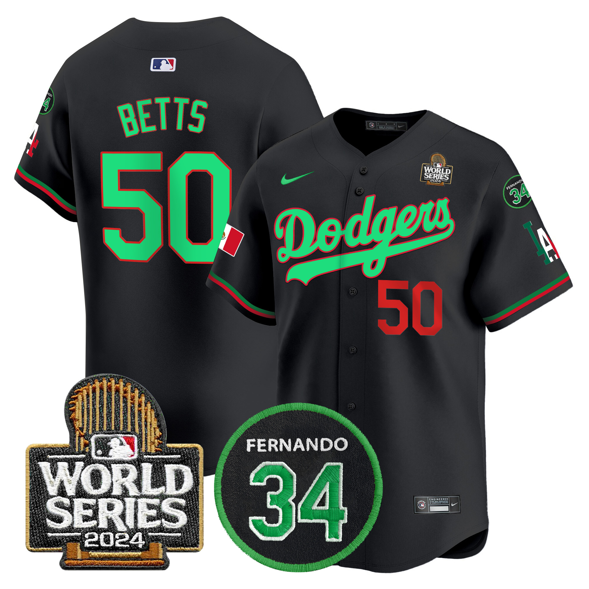 Men's Dodgers Mexico Fernando Memorial & 2024 World Series Patch Vapor Premier Limited Jersey V3 - All Stitched - Image 4