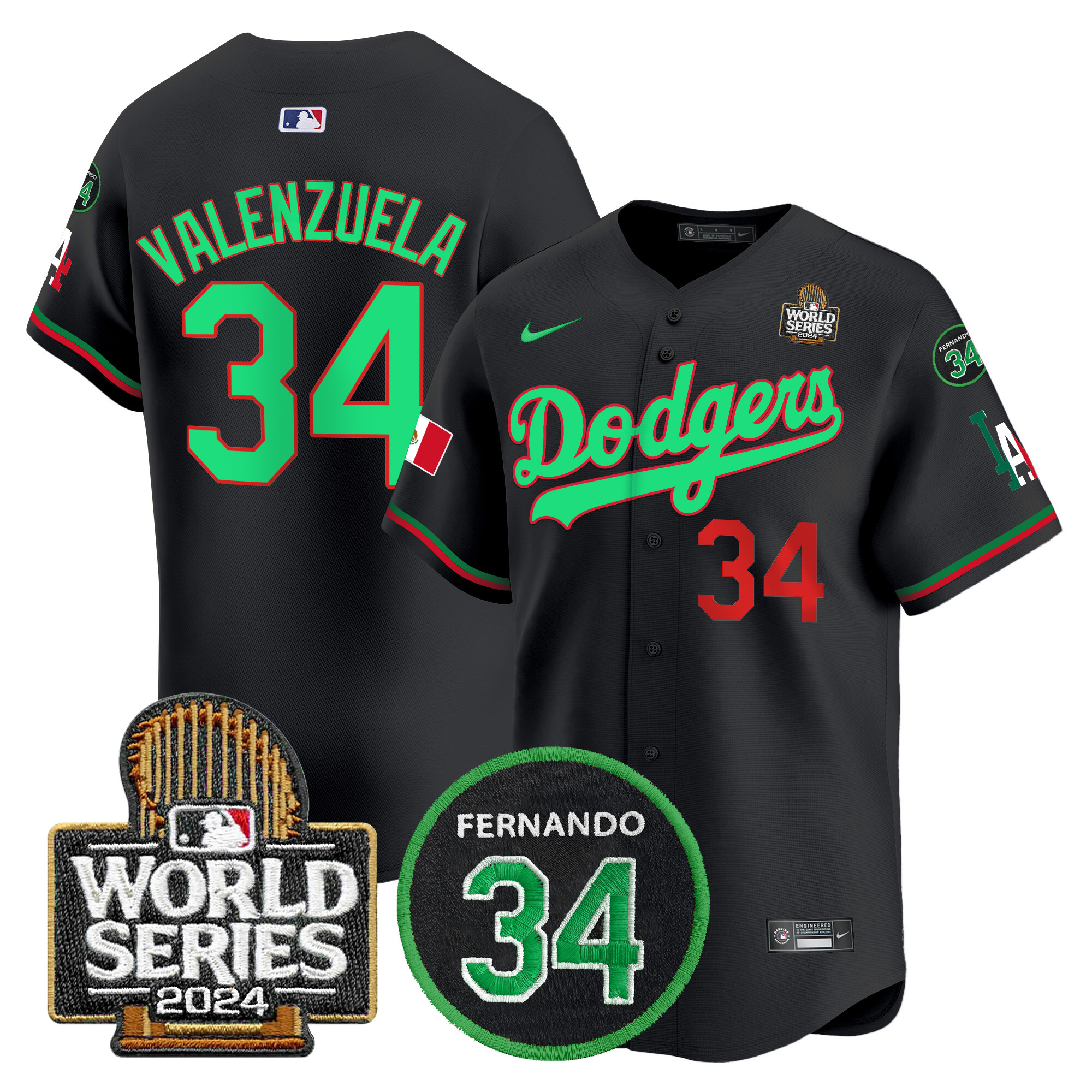 Men's Dodgers Mexico Fernando Memorial & 2024 World Series Patch Vapor Premier Limited Jersey V3 - All Stitched