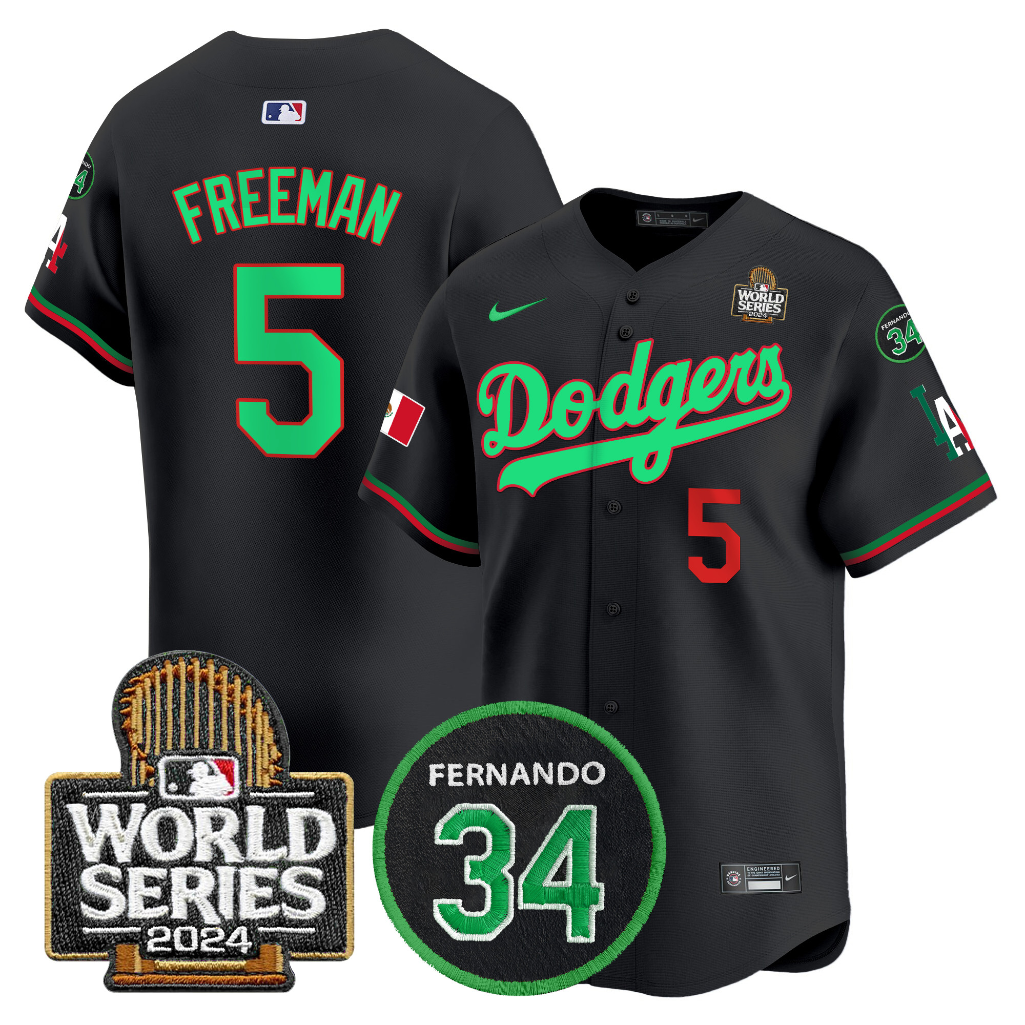 Men's Dodgers Mexico Fernando Memorial & 2024 World Series Patch Vapor Premier Limited Jersey V3 - All Stitched - Image 3