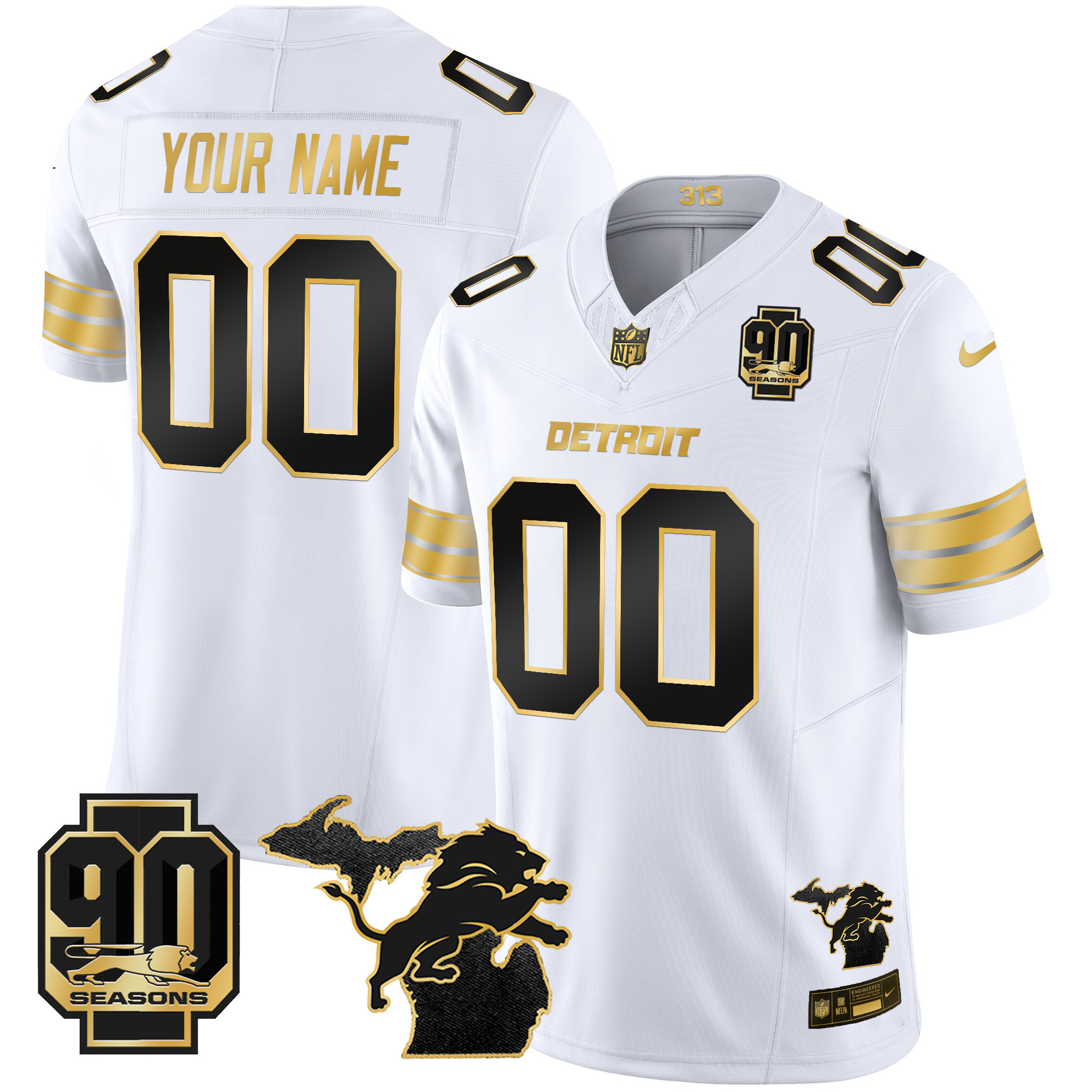Detroit Lions 2025 Michigan & 90th Season Patch Gold Vapor Limited Custom Jersey - All Stitched - Image 2