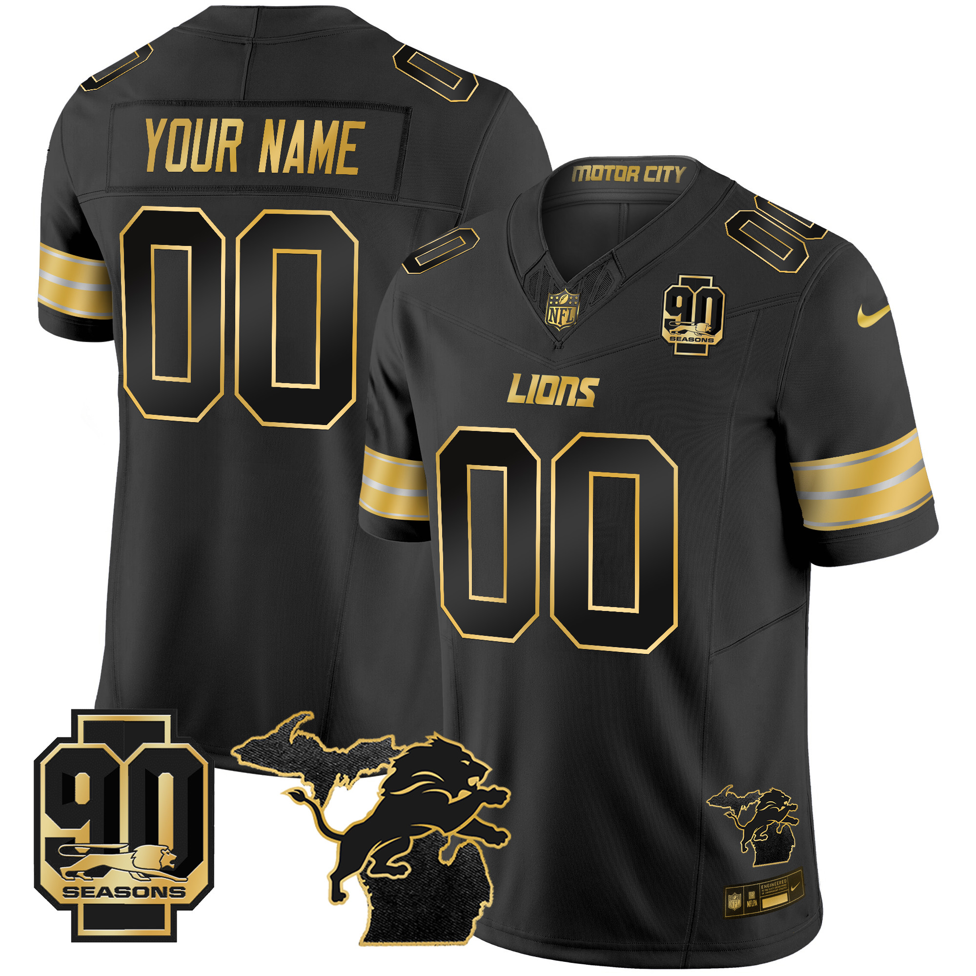 Detroit Lions 2025 Michigan & 90th Season Patch Gold Vapor Limited Custom Jersey - All Stitched - Image 3