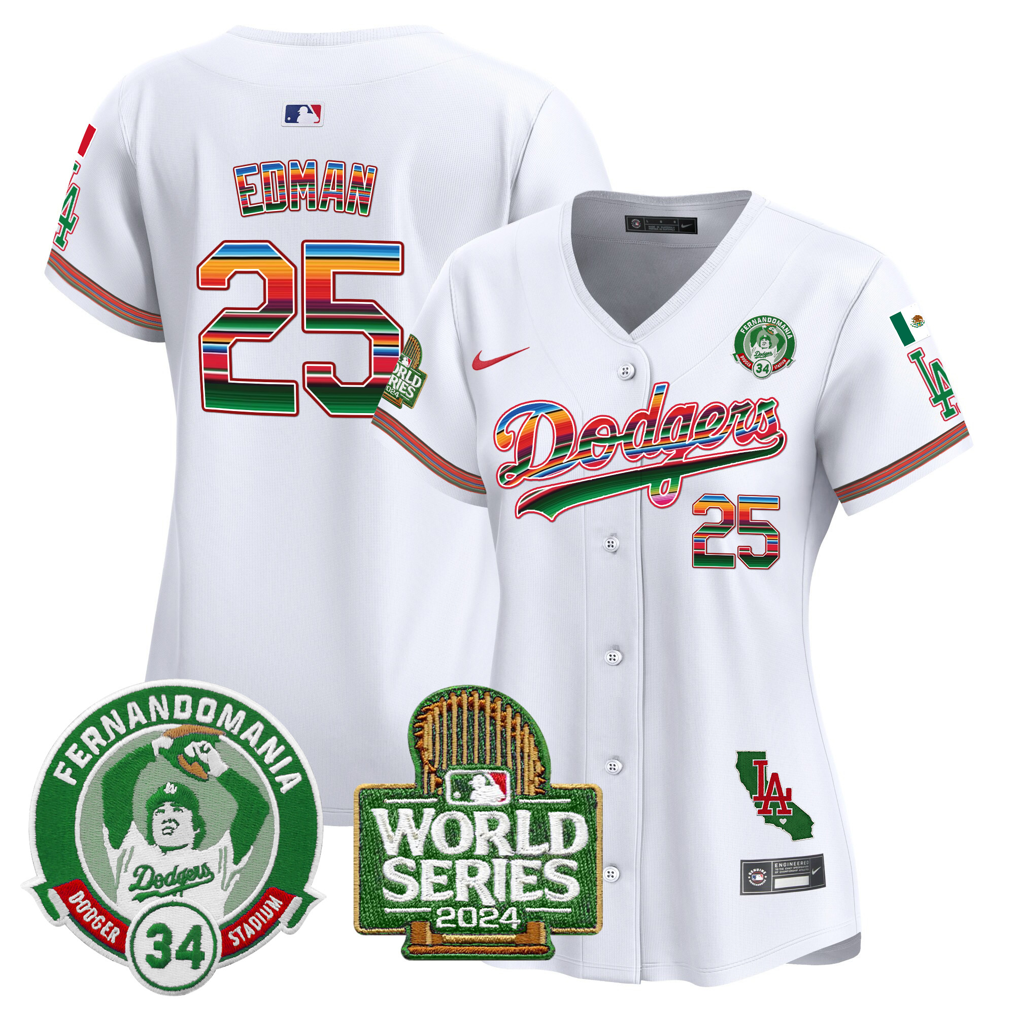 Women's Dodgers Mexico Fernando Valenzuela & 2024 World Series Patch Vapor Premier Limited Jersey - All Stitched - Image 8