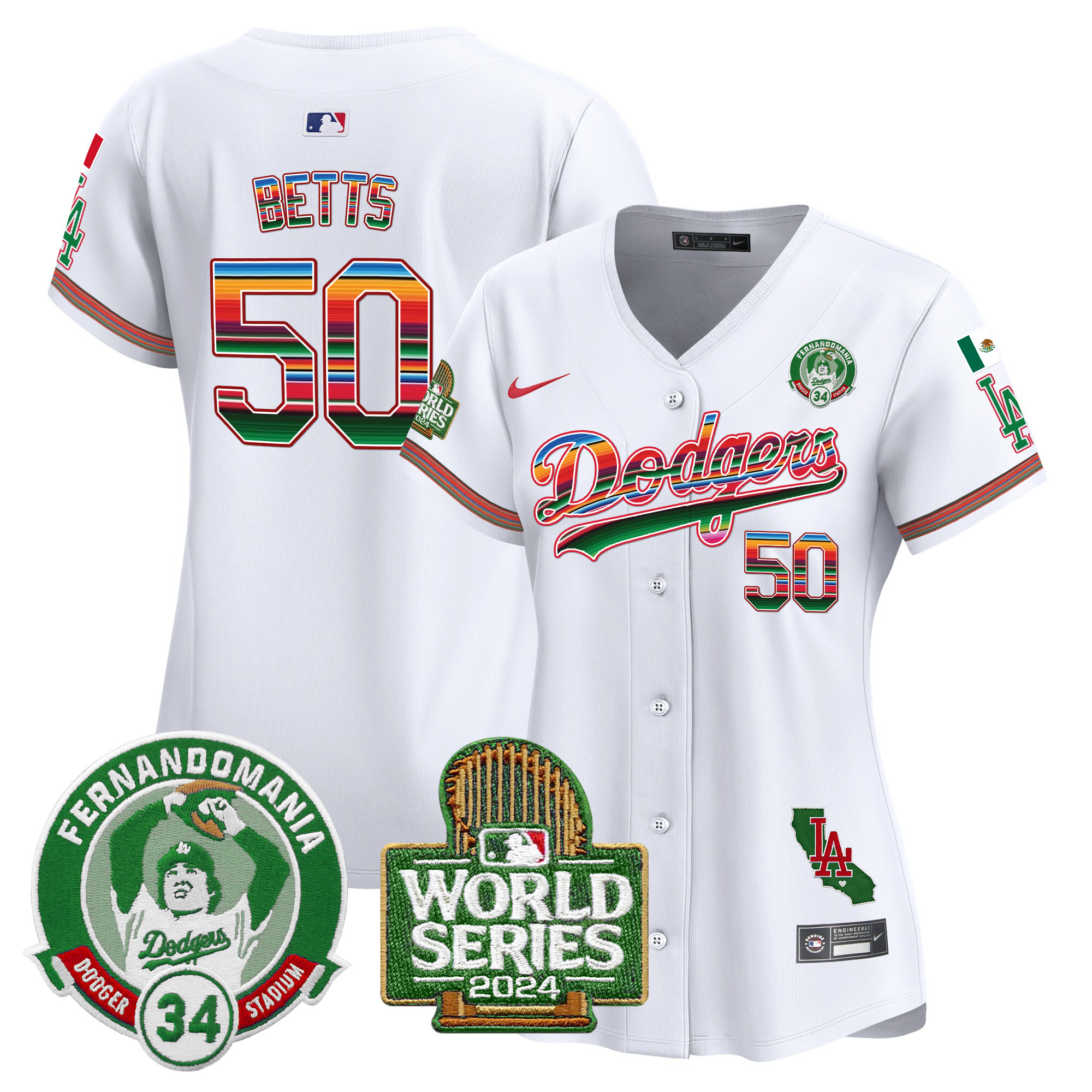 Women's Dodgers Mexico Fernando Valenzuela & 2024 World Series Patch Vapor Premier Limited Jersey - All Stitched - Image 4