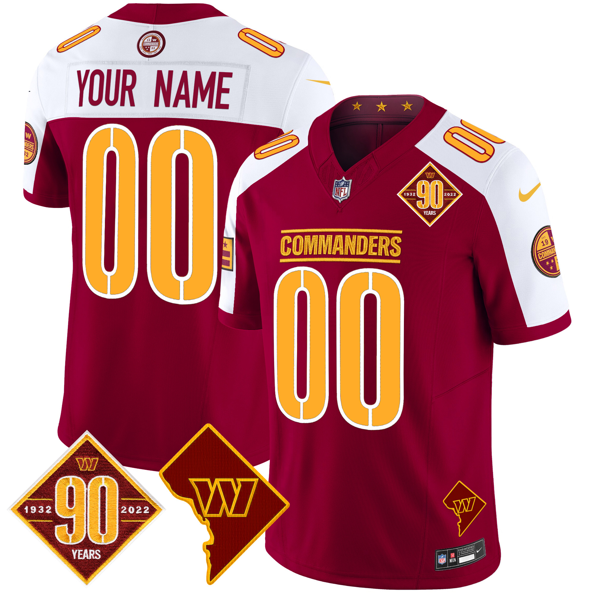 Washington Commanders 90th Anniversary & Home Patch Vapor Limited Custom Jersey - All Stitched