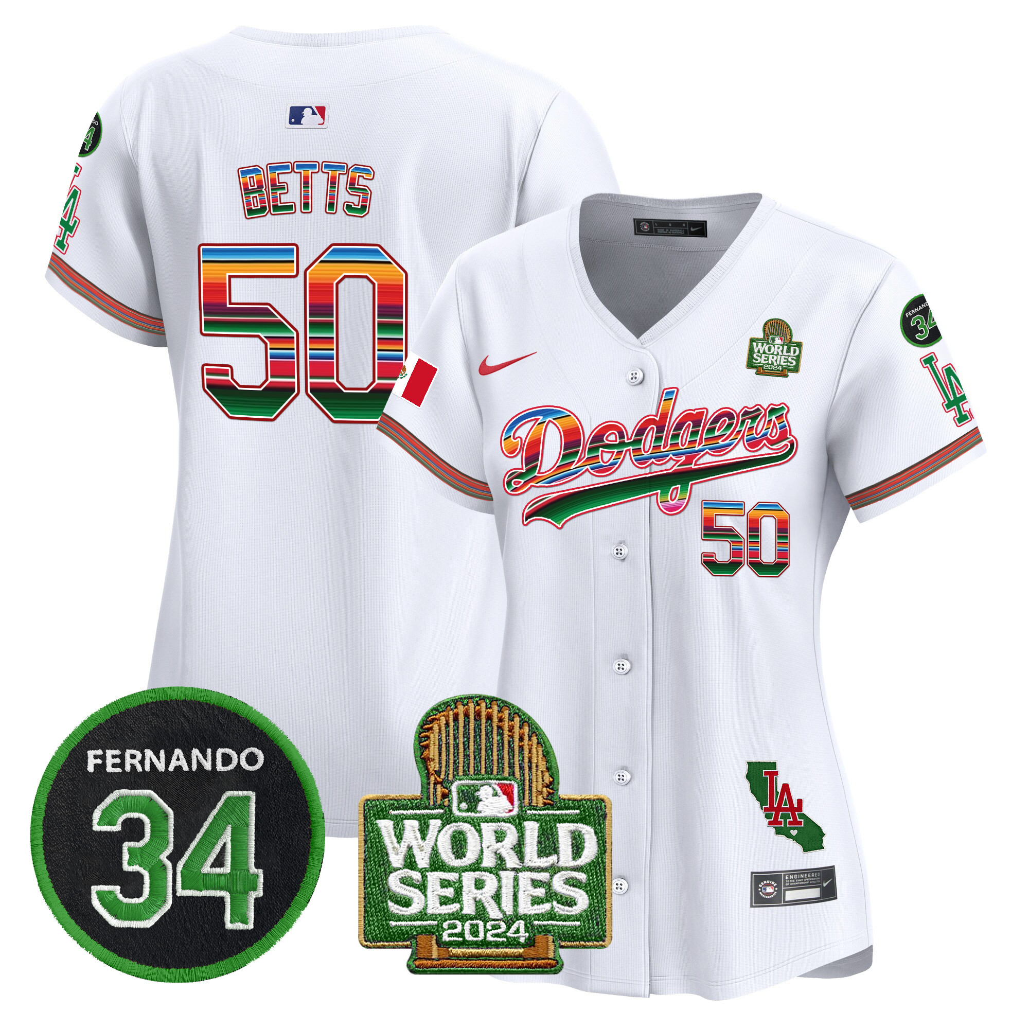 Women's Dodgers Mexico Fernando Memorial & 2024 World Series Patch Vapor Premier Limited Jersey V2 - All Stitched - Image 4