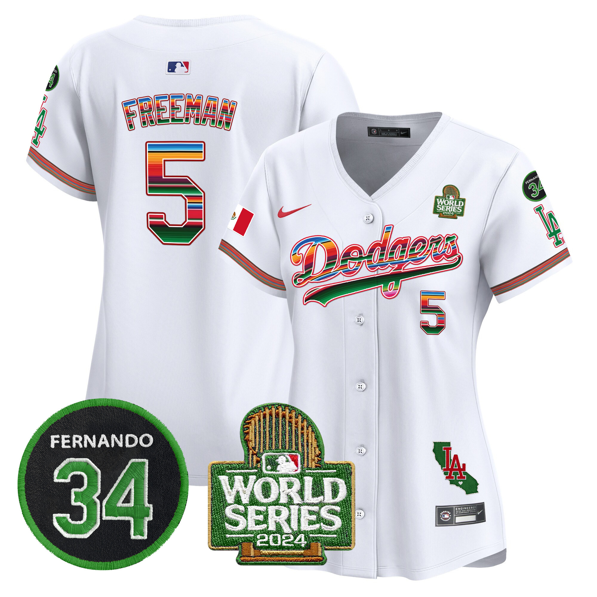 Women's Dodgers Mexico Fernando Memorial & 2024 World Series Patch Vapor Premier Limited Jersey V2 - All Stitched - Image 3