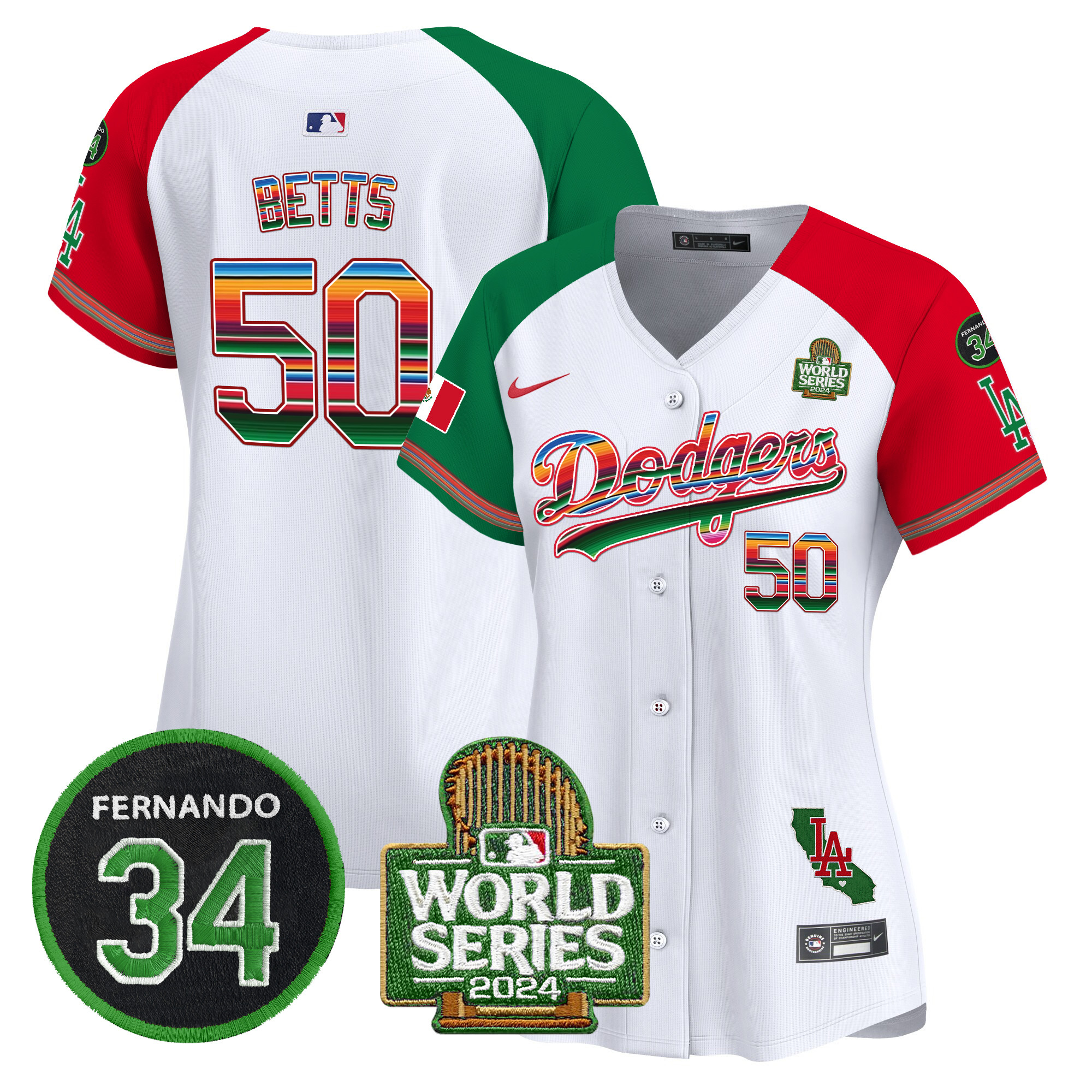Women's Dodgers Mexico Fernando Memorial & 2024 World Series Patch Vapor Premier Limited Jersey V2 - All Stitched - Image 34
