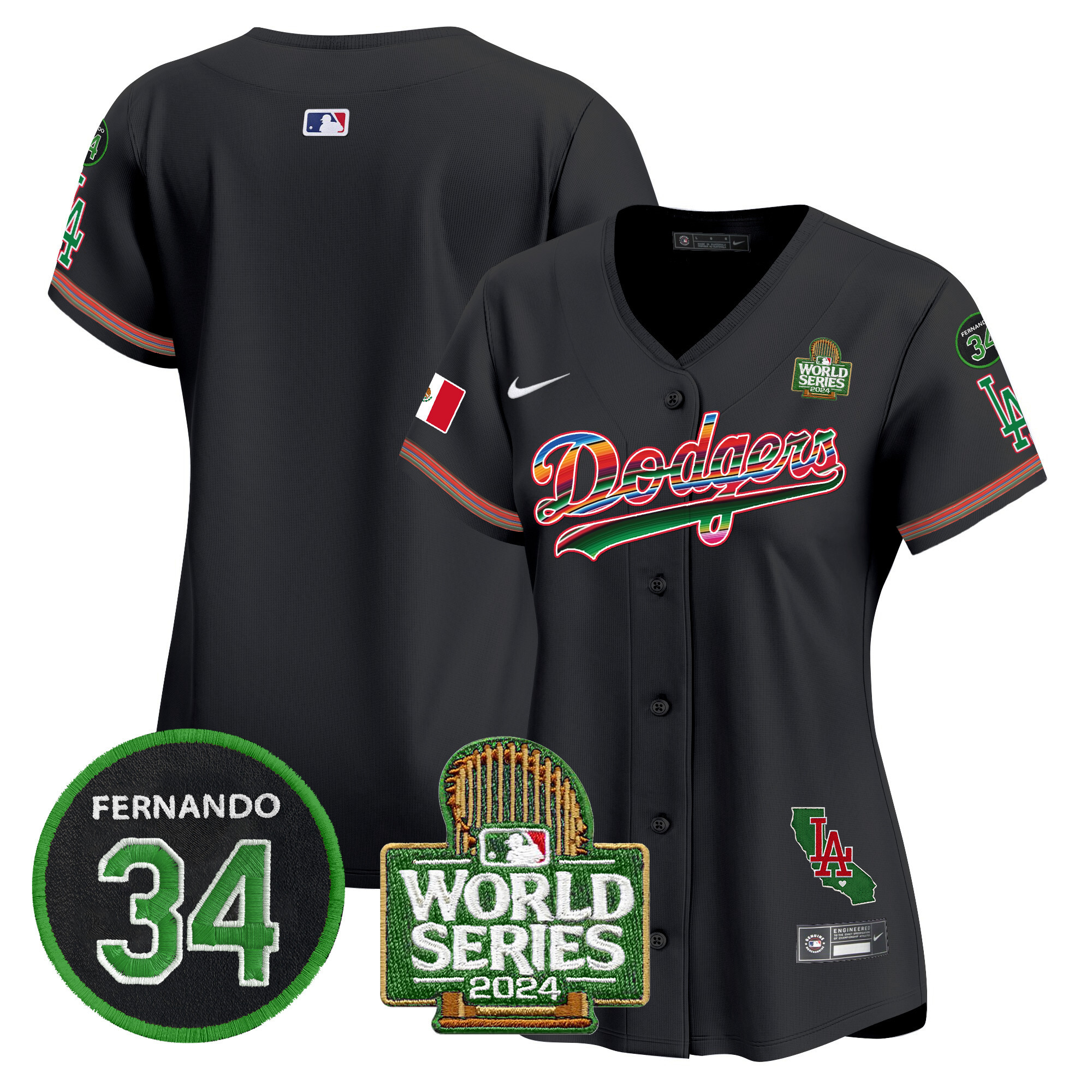 Women's Dodgers Mexico Fernando Memorial & 2024 World Series Patch Vapor Premier Limited Jersey V2 - All Stitched - Image 30