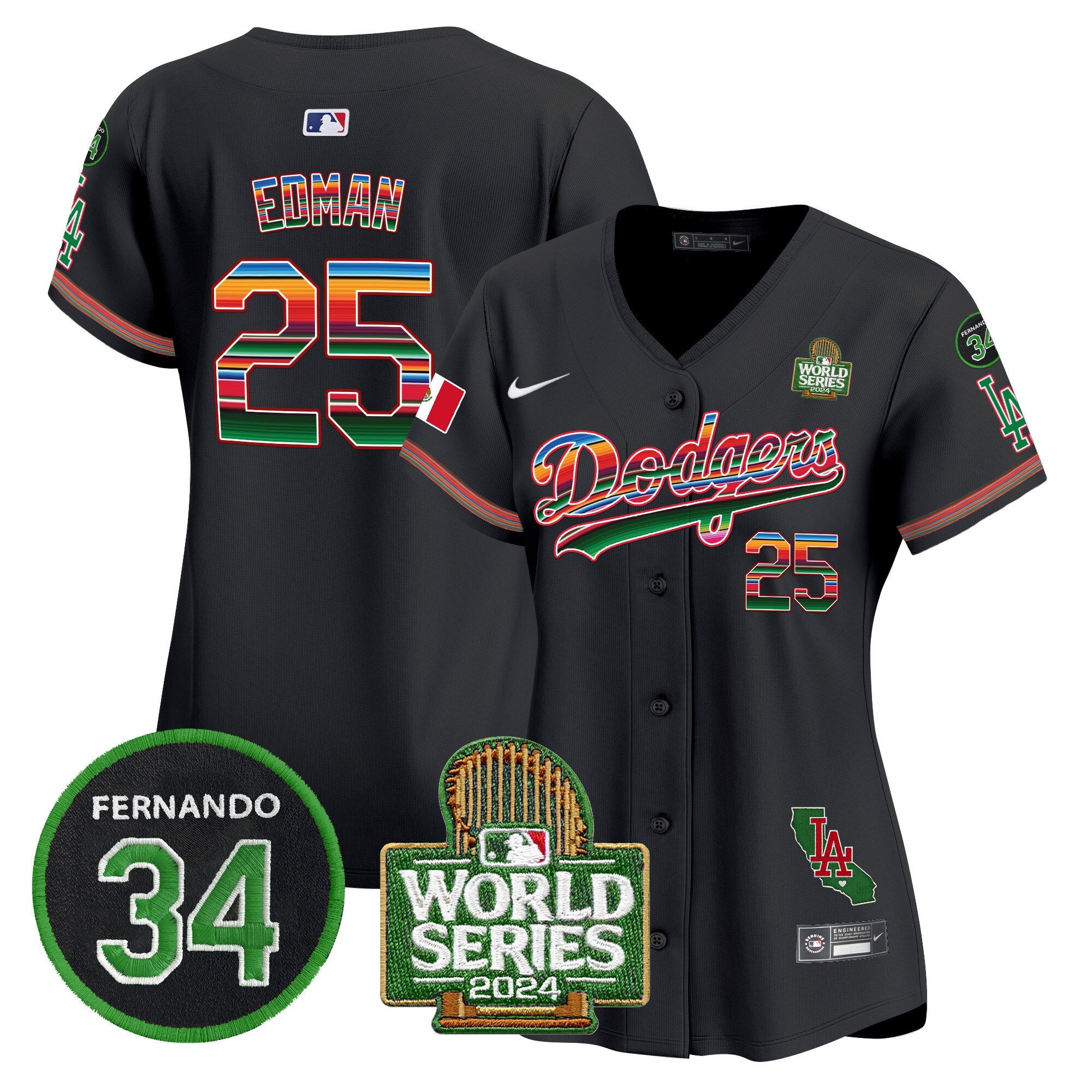 Women's Dodgers Mexico Fernando Memorial & 2024 World Series Patch Vapor Premier Limited Jersey V2 - All Stitched - Image 29
