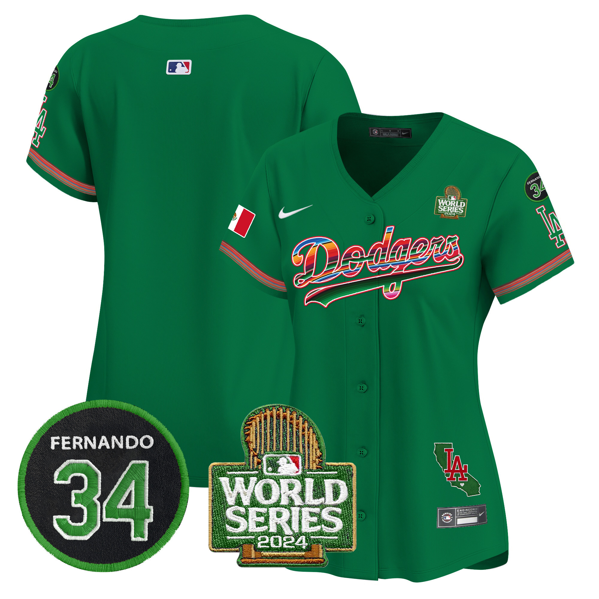 Women's Dodgers Mexico Fernando Memorial & 2024 World Series Patch Vapor Premier Limited Jersey V2 - All Stitched - Image 50