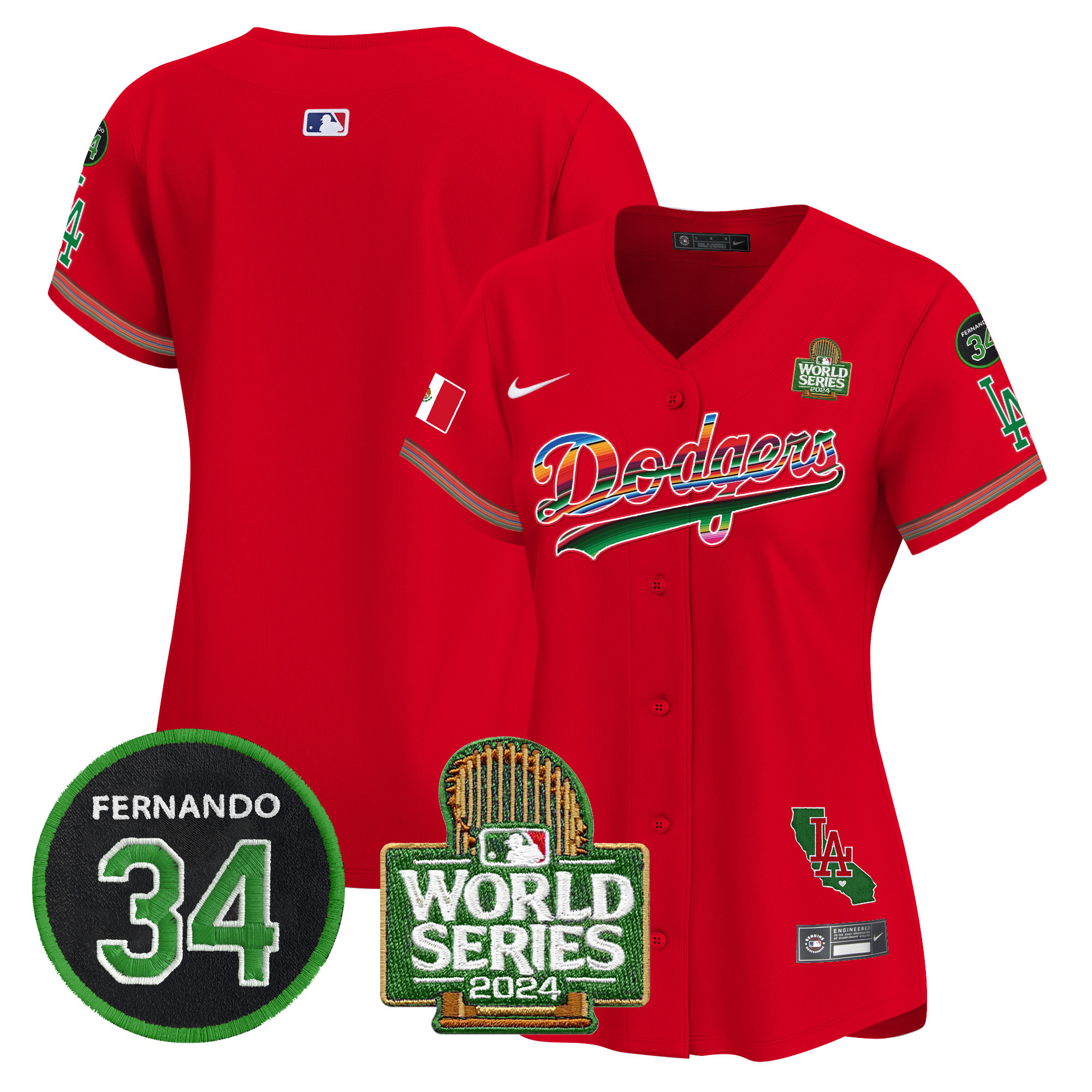 Women's Dodgers Mexico Fernando Memorial & 2024 World Series Patch Vapor Premier Limited Jersey V2 - All Stitched - Image 60