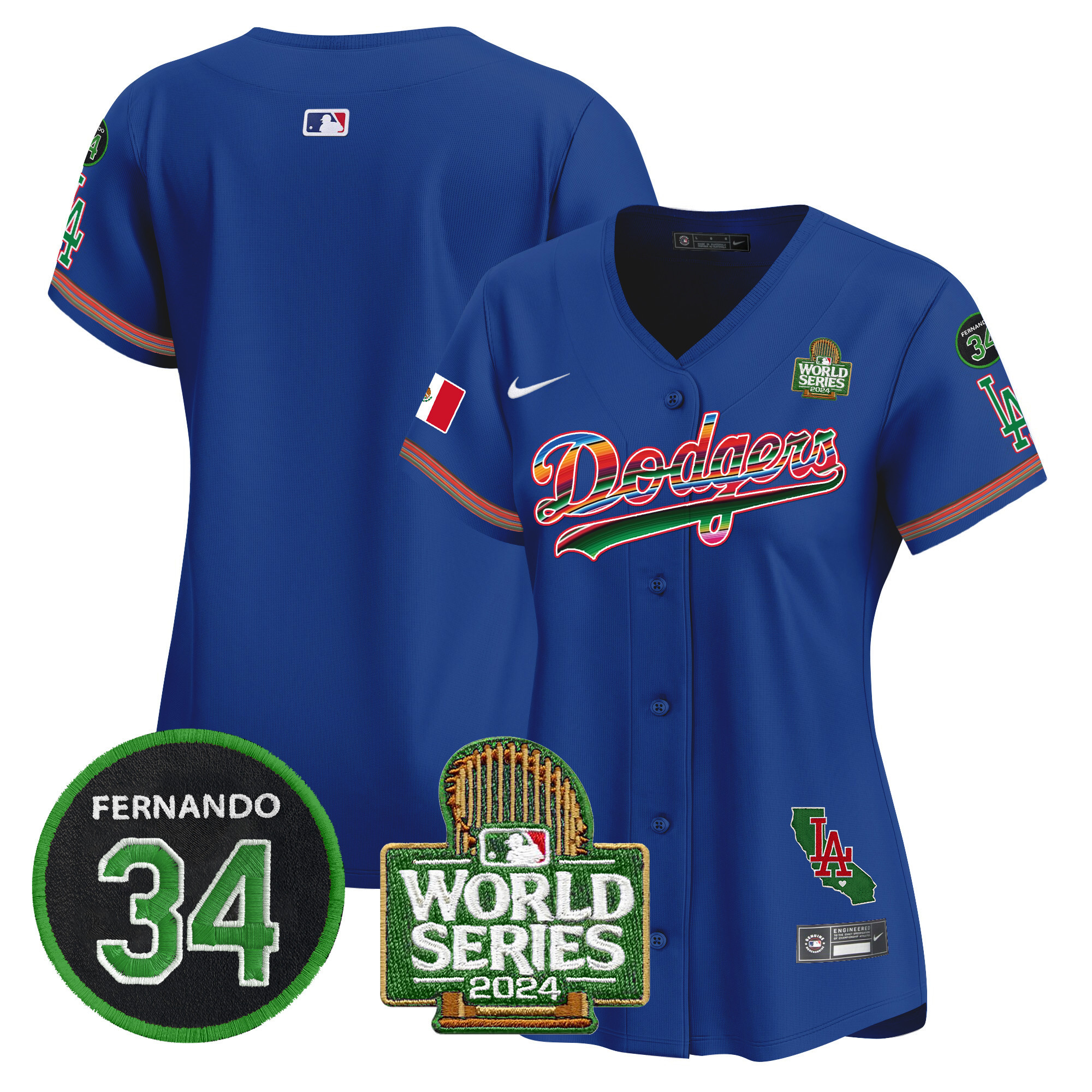 Women's Dodgers Mexico Fernando Memorial & 2024 World Series Patch Vapor Premier Limited Jersey V2 - All Stitched - Image 20