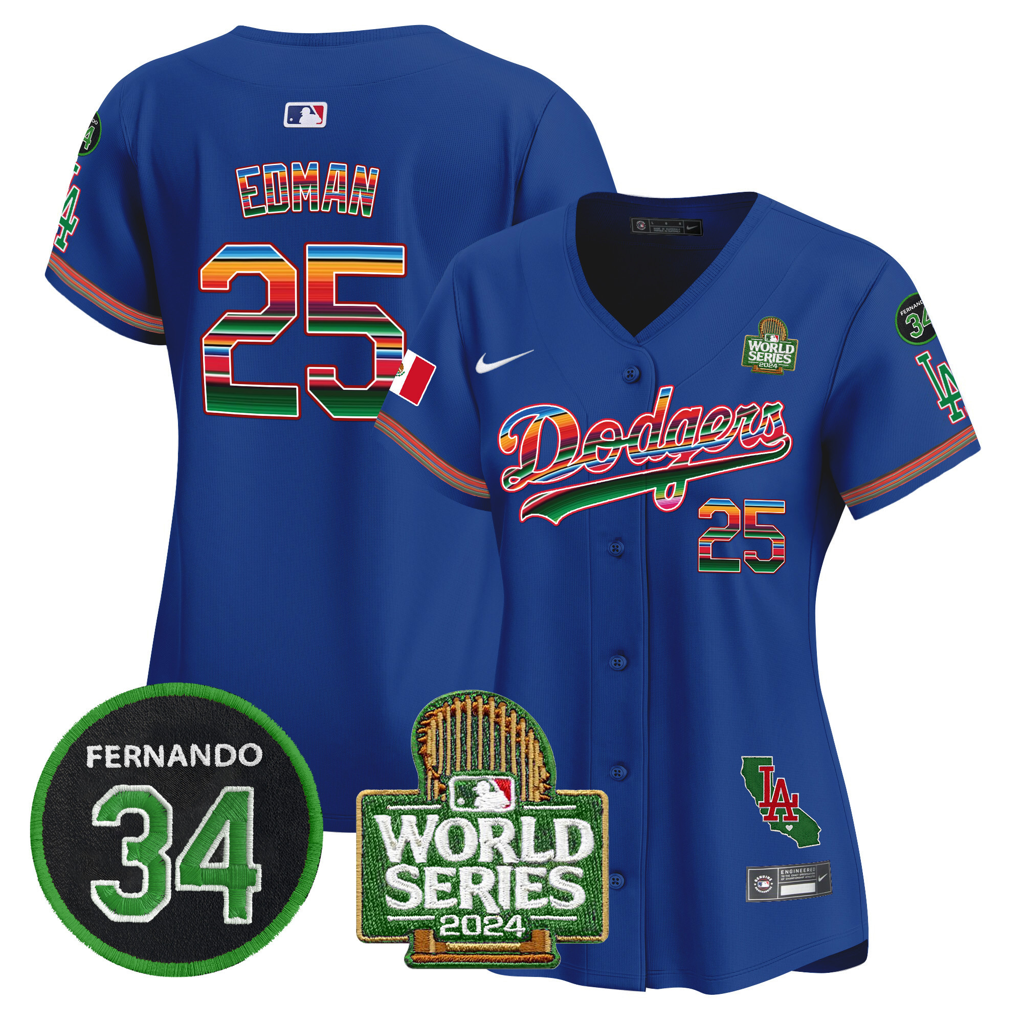 Women's Dodgers Mexico Fernando Memorial & 2024 World Series Patch Vapor Premier Limited Jersey V2 - All Stitched - Image 19
