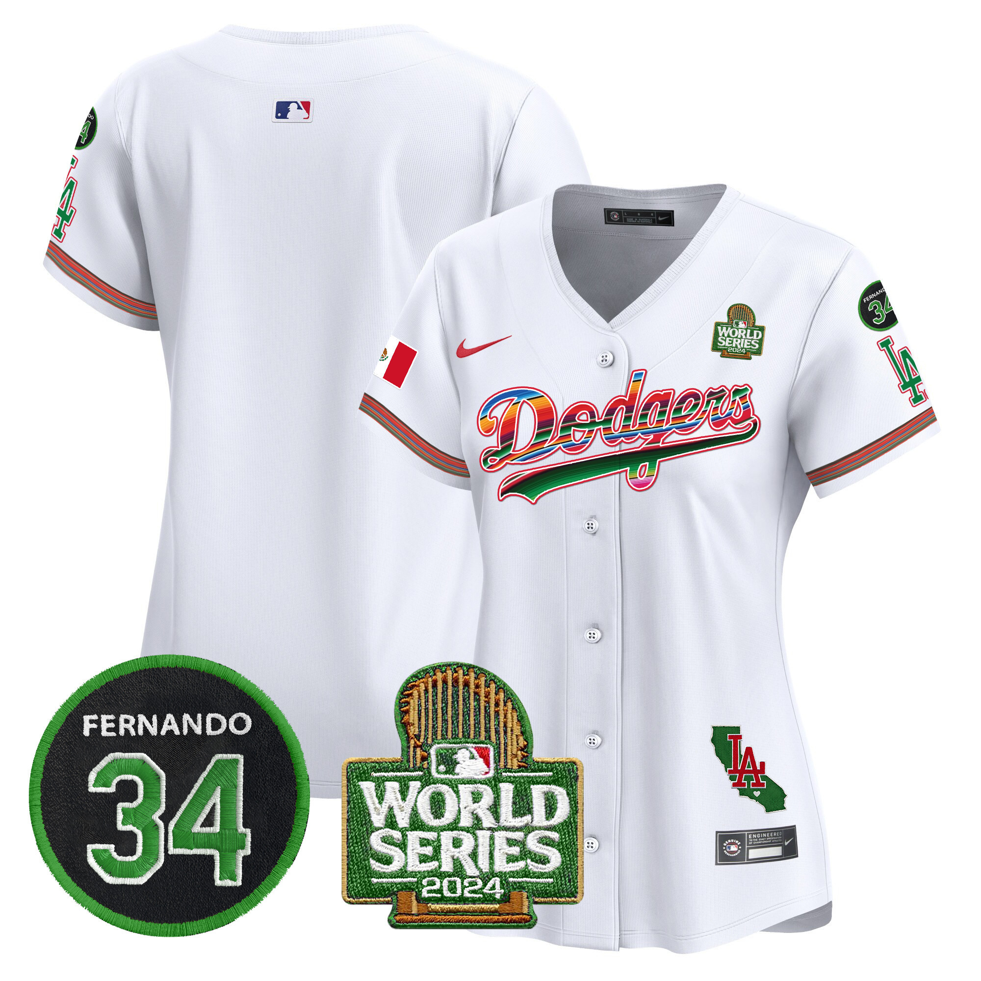 Women's Dodgers Mexico Fernando Memorial & 2024 World Series Patch Vapor Premier Limited Jersey V2 - All Stitched - Image 10