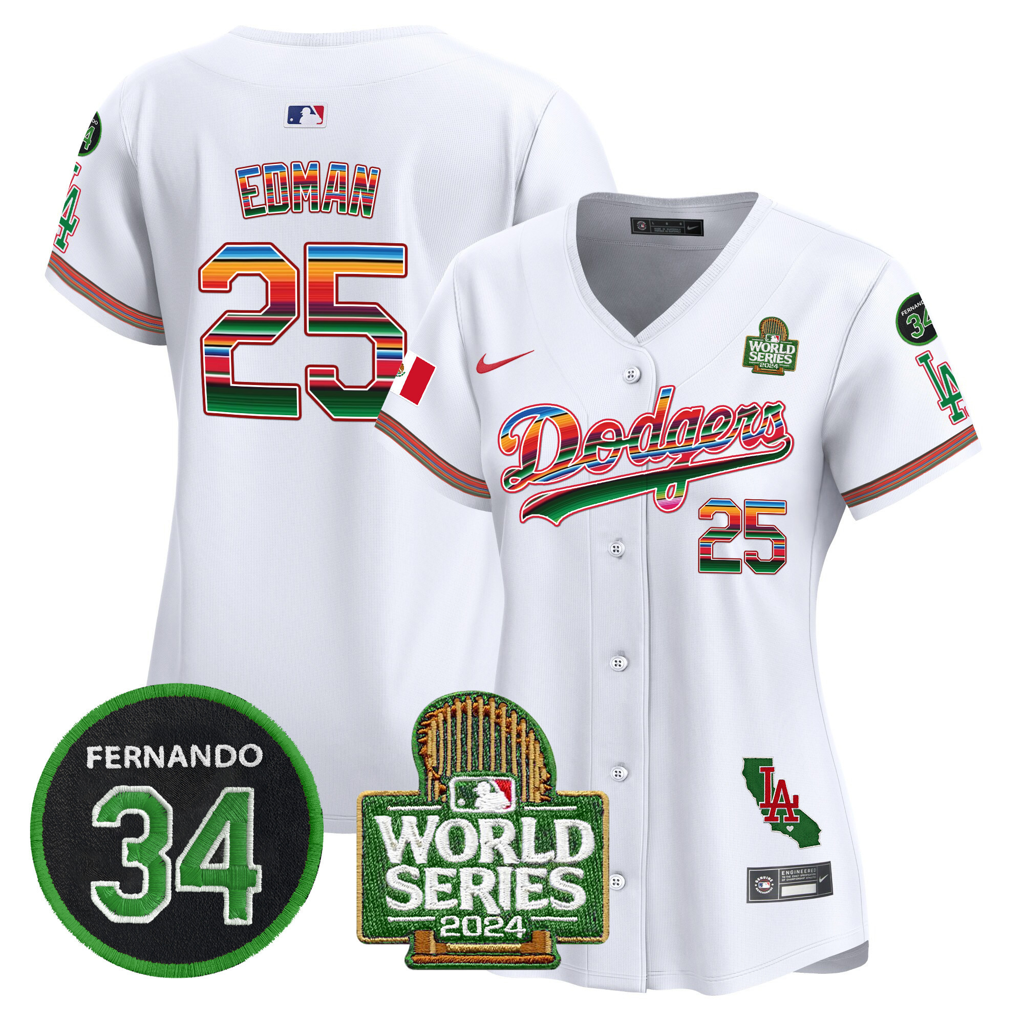 Women's Dodgers Mexico Fernando Memorial & 2024 World Series Patch Vapor Premier Limited Jersey V2 - All Stitched - Image 9