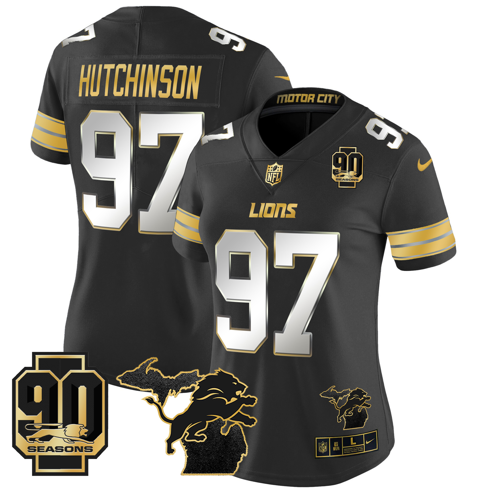 Women's Detroit Lions 2024 Michigan & 90th Year Patch Gold Vapor Limited Jersey - All Stitched - Image 23