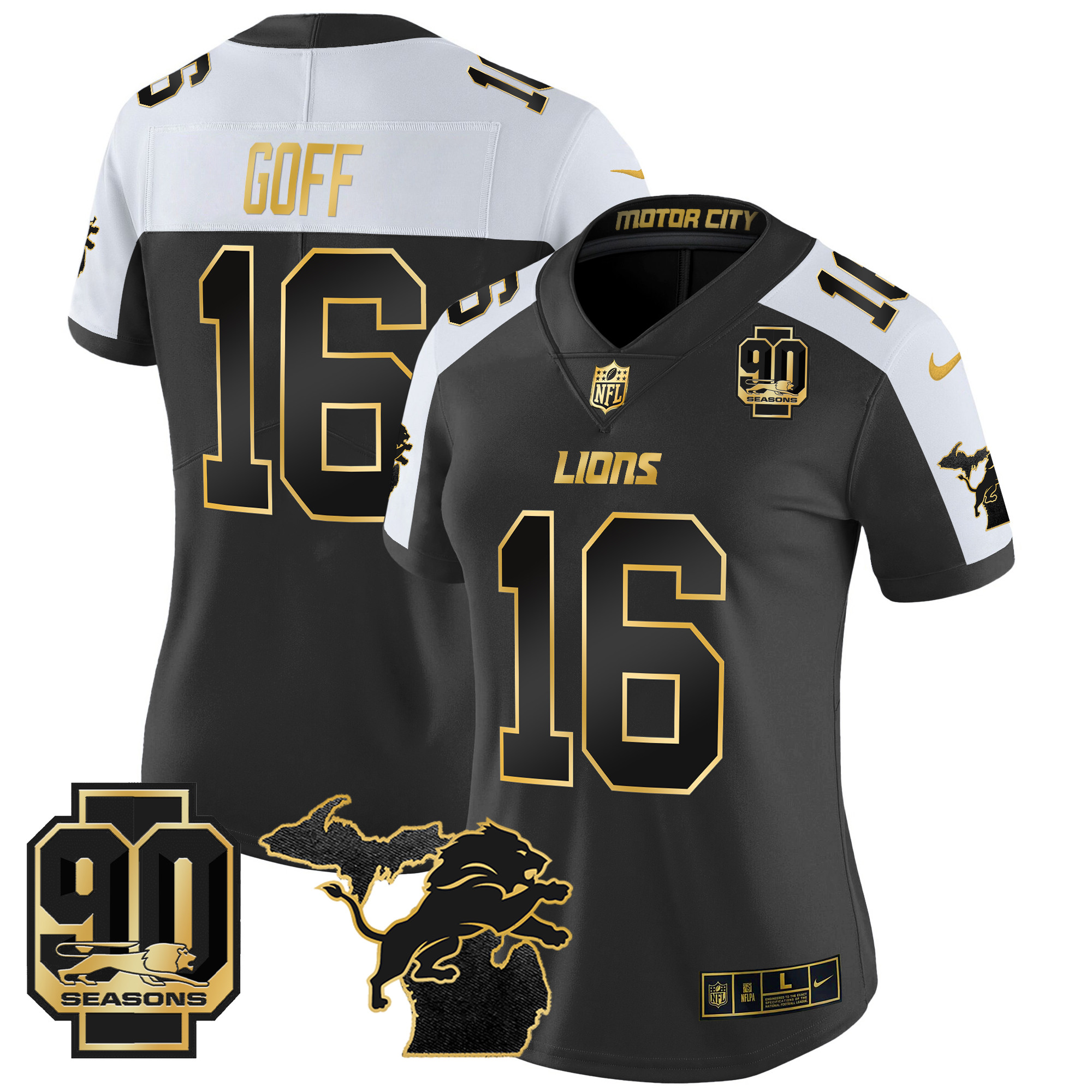 Women's Detroit Lions 2024 Michigan & 90th Year Patch Gold Vapor Limited Jersey - All Stitched