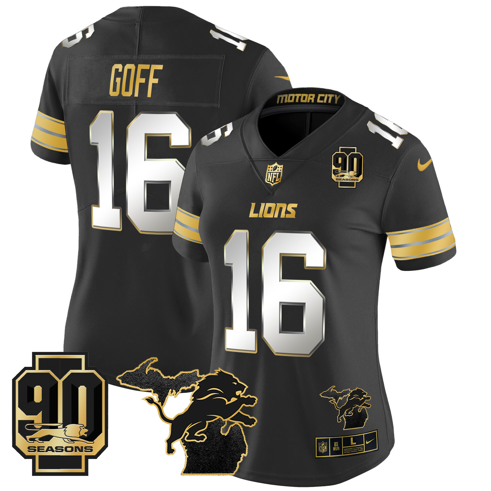 Women's Detroit Lions 2024 Michigan & 90th Year Patch Gold Vapor Limited Jersey - All Stitched - Image 22