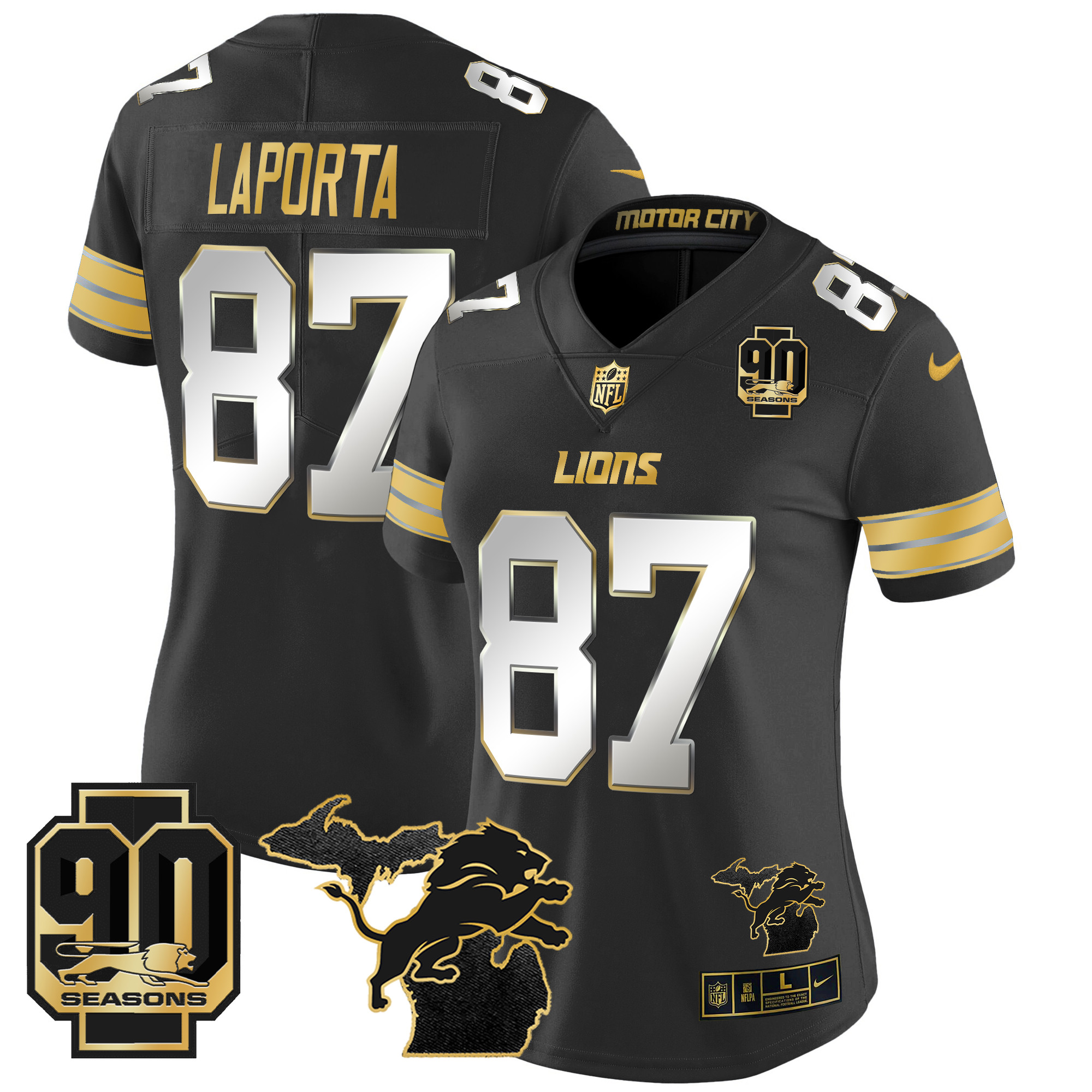 Women's Detroit Lions 2024 Michigan & 90th Year Patch Gold Vapor Limited Jersey - All Stitched - Image 27