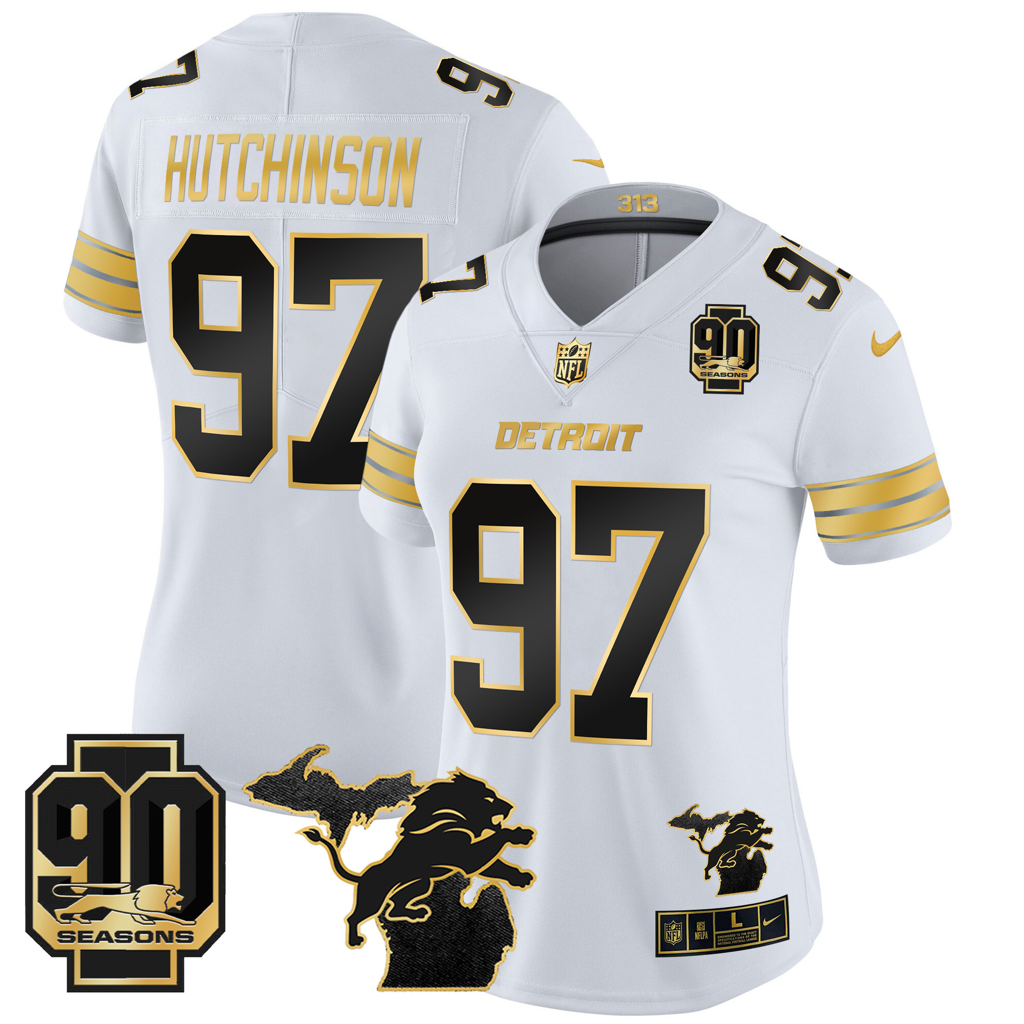Women's Detroit Lions 2024 Michigan & 90th Year Patch Gold Vapor Limited Jersey - All Stitched - Image 9