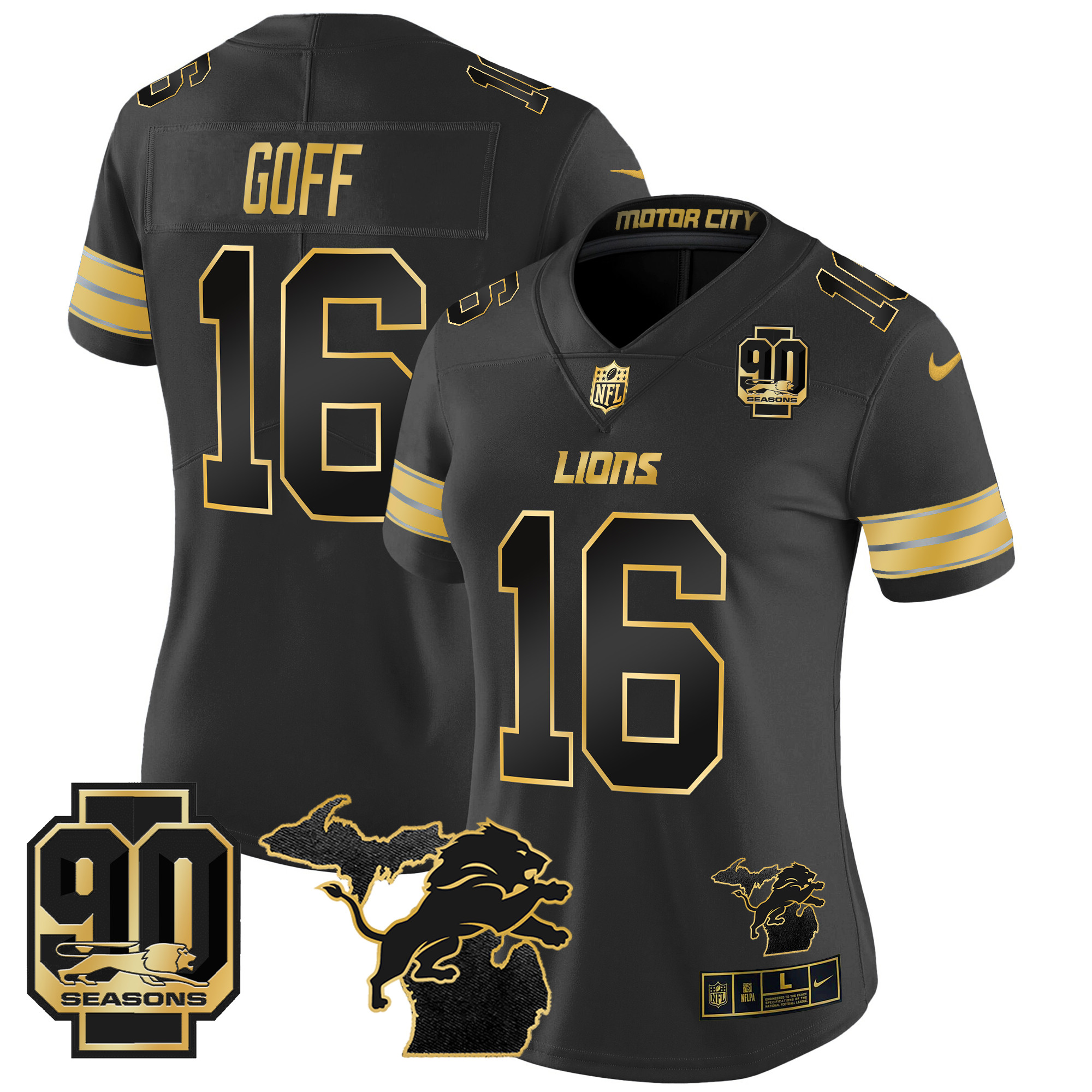Women's Detroit Lions 2024 Michigan & 90th Year Patch Gold Vapor Limited Jersey - All Stitched - Image 15