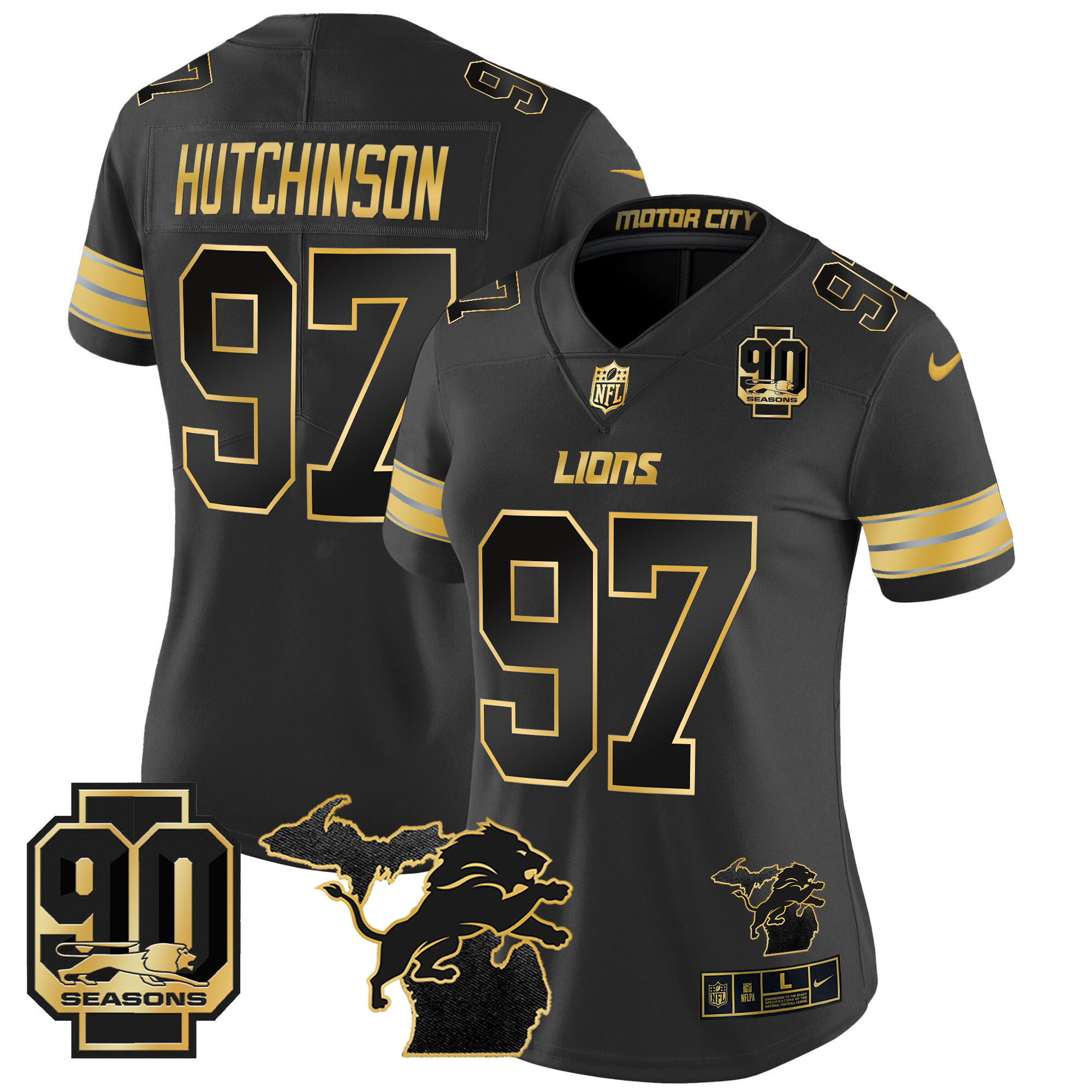 Women's Detroit Lions 2024 Michigan & 90th Year Patch Gold Vapor Limited Jersey - All Stitched - Image 16