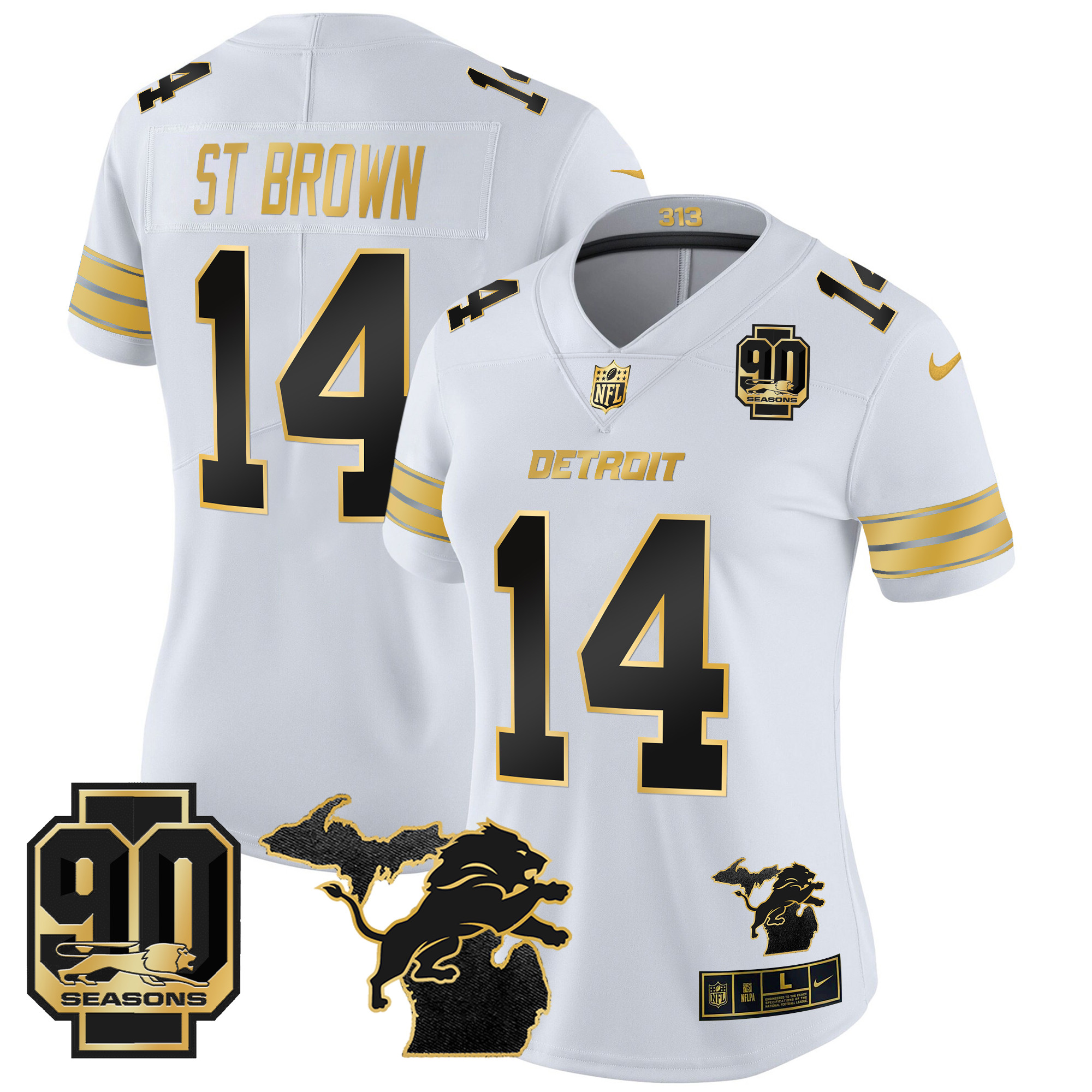 Women's Detroit Lions 2024 Michigan & 90th Year Patch Gold Vapor Limited Jersey - All Stitched - Image 10