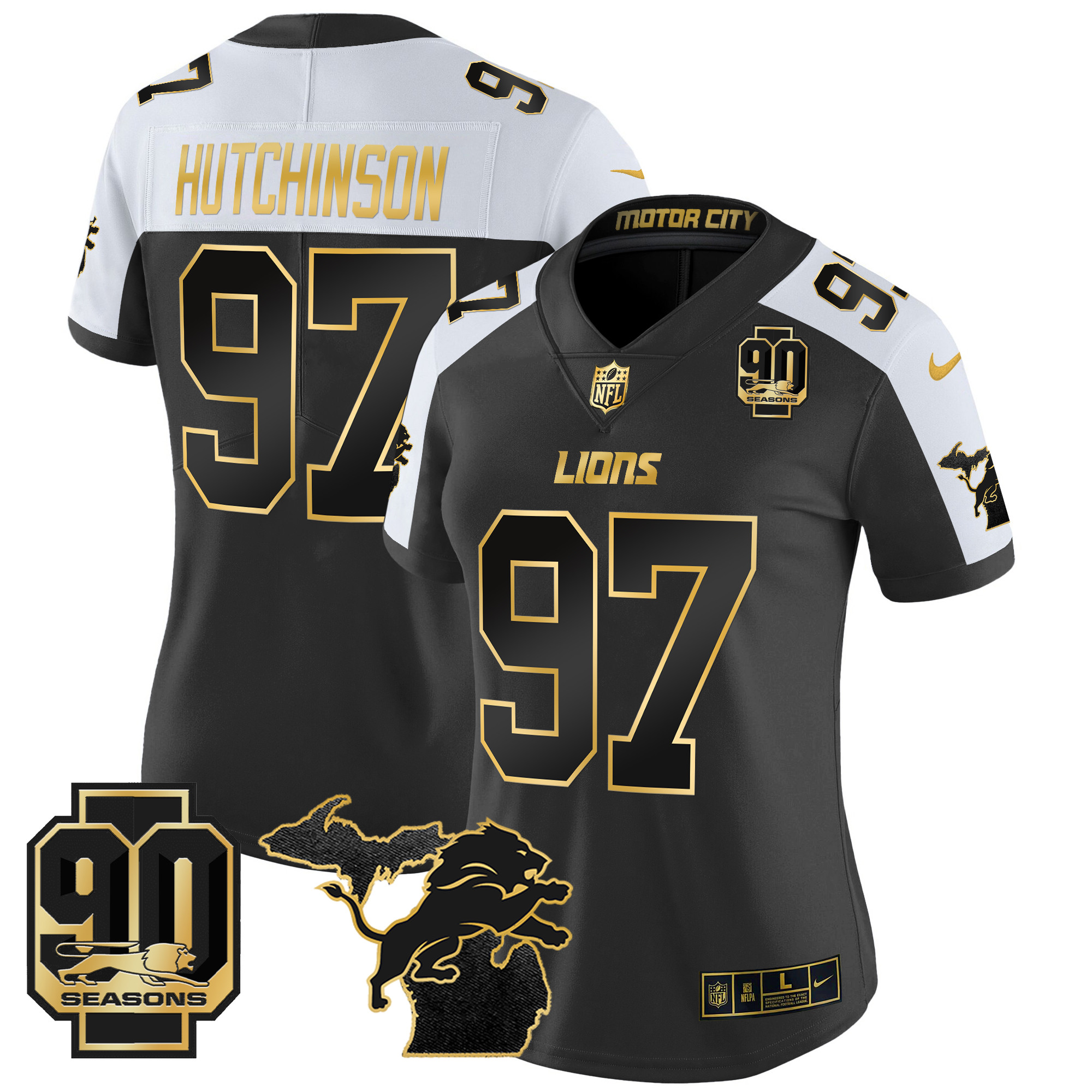Women's Detroit Lions 2024 Michigan & 90th Year Patch Gold Vapor Limited Jersey - All Stitched - Image 2
