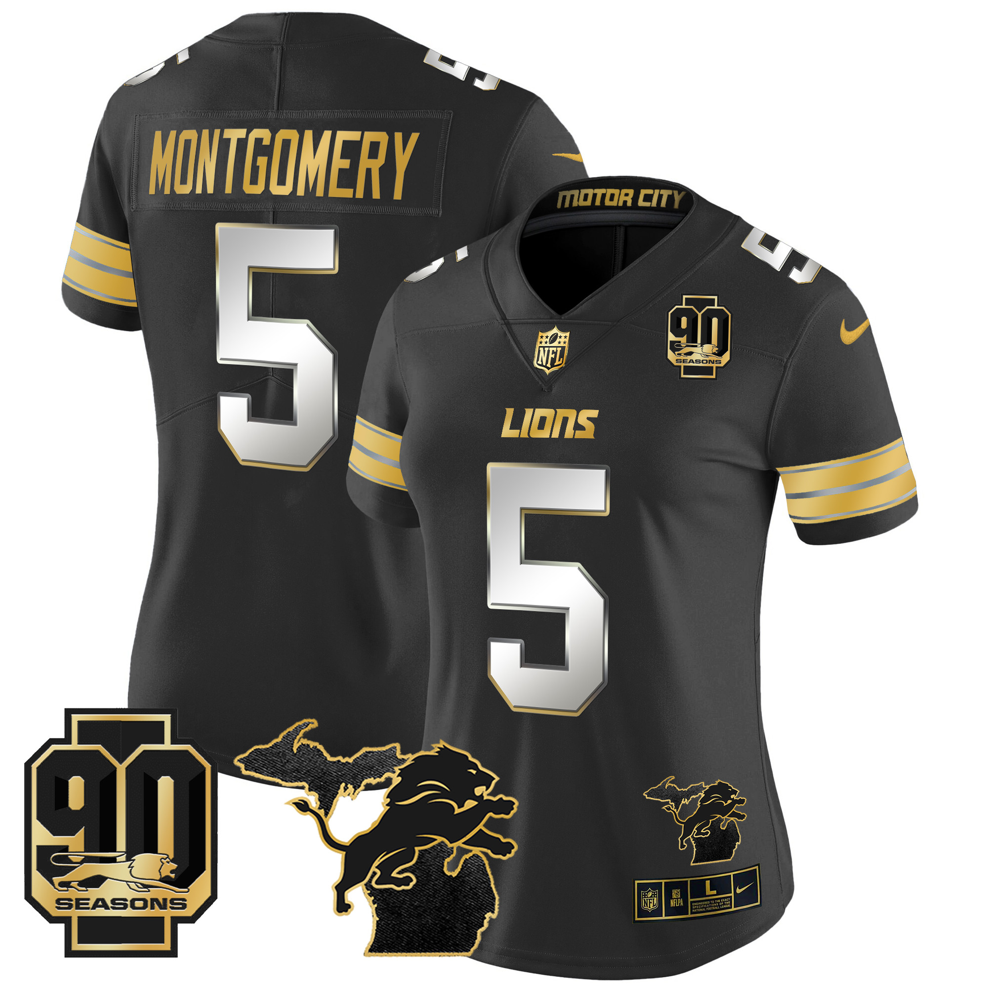 Women's Detroit Lions 2024 Michigan & 90th Year Patch Gold Vapor Limited Jersey - All Stitched - Image 25