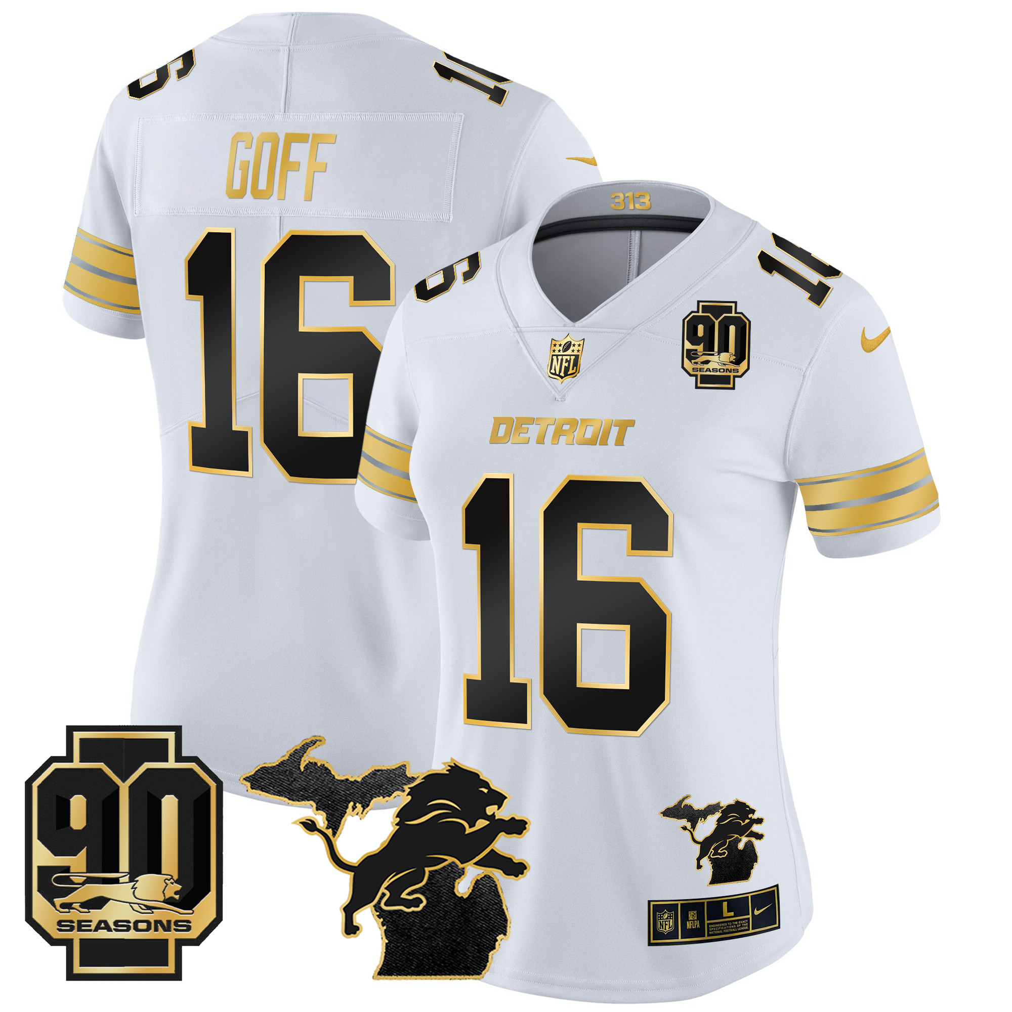 Women's Detroit Lions 2024 Michigan & 90th Year Patch Gold Vapor Limited Jersey - All Stitched - Image 8