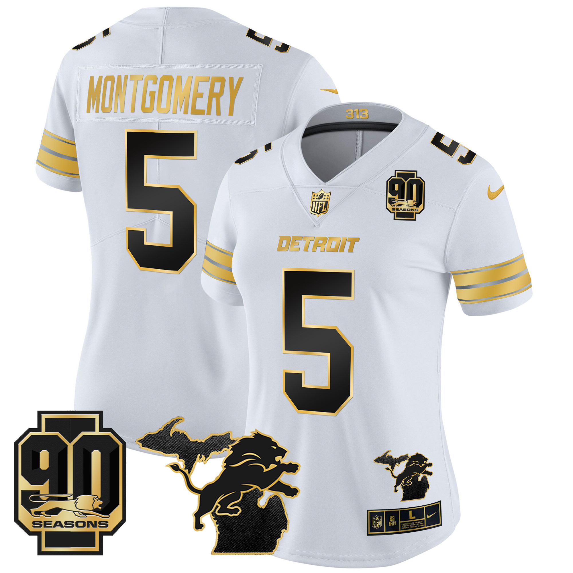 Women's Detroit Lions 2024 Michigan & 90th Year Patch Gold Vapor Limited Jersey - All Stitched - Image 11