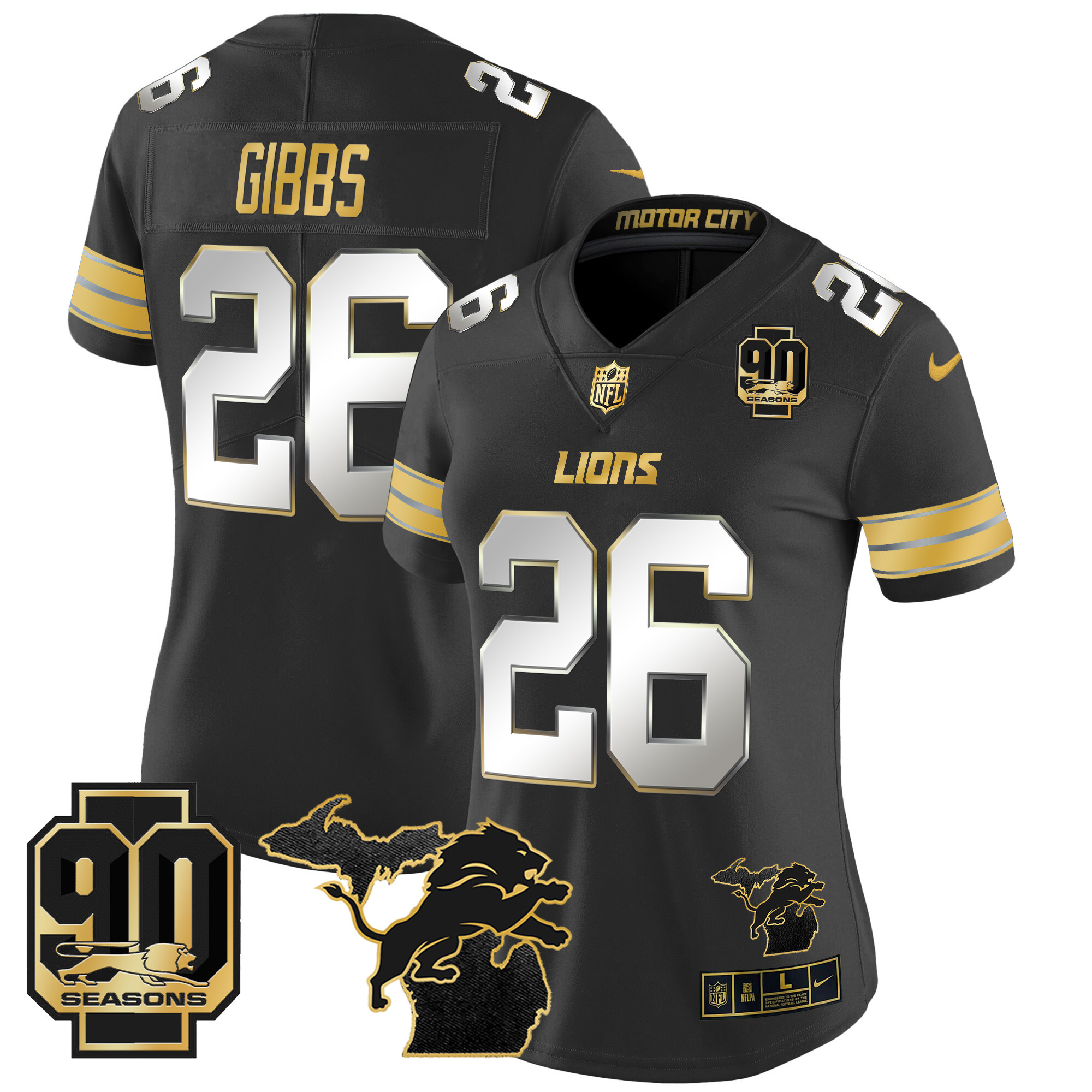Women's Detroit Lions 2024 Michigan & 90th Year Patch Gold Vapor Limited Jersey - All Stitched - Image 28