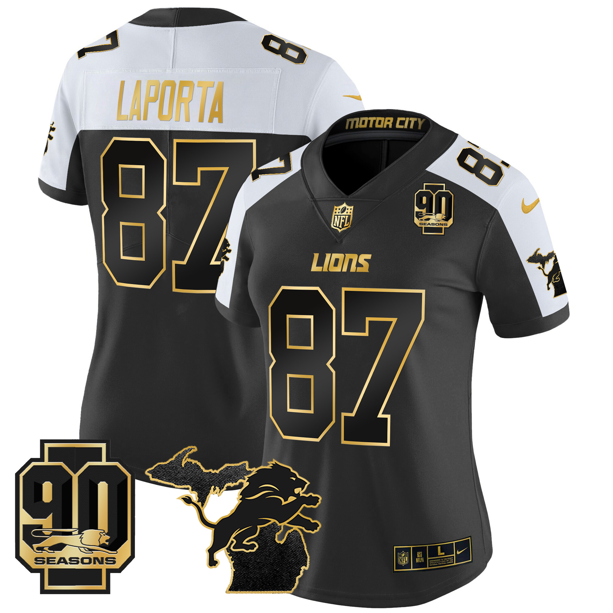 Women's Detroit Lions 2024 Michigan & 90th Year Patch Gold Vapor Limited Jersey - All Stitched - Image 6