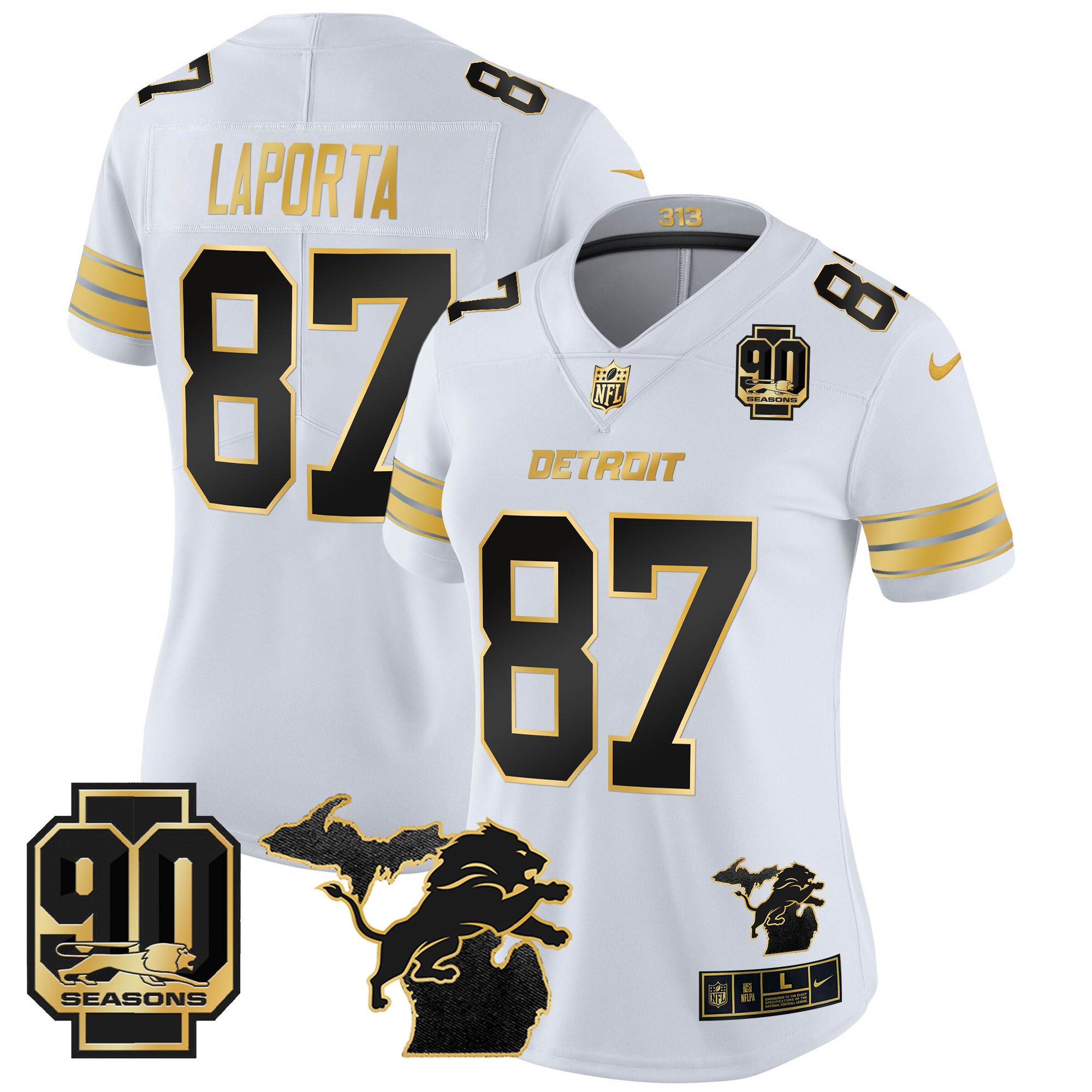 Women's Detroit Lions 2024 Michigan & 90th Year Patch Gold Vapor Limited Jersey - All Stitched - Image 13