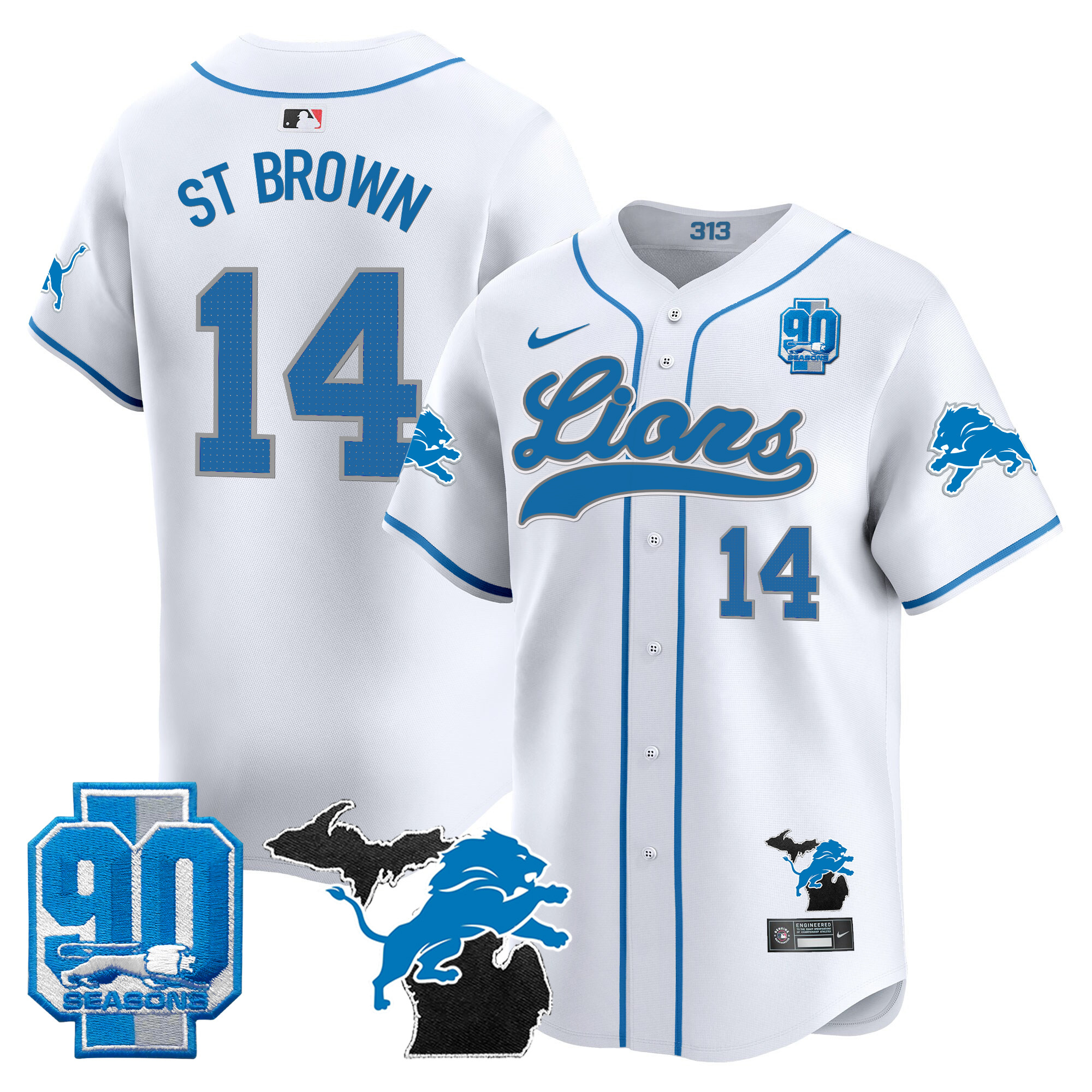 Men's Detroit Lions 2024 Michigan & 90th Season Patch Baseball Jersey - All Stitched - Image 27