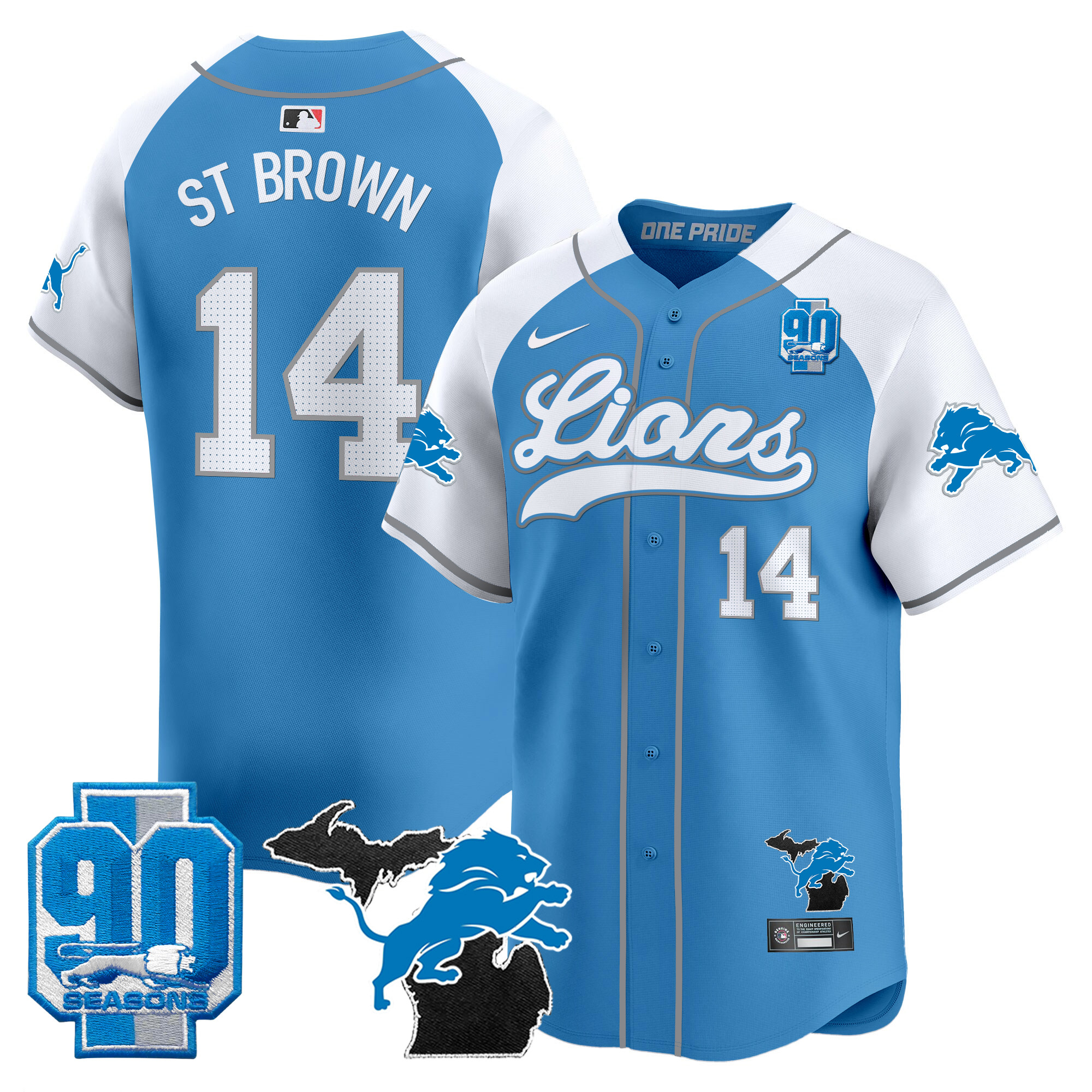 Men's Detroit Lions 2024 Michigan & 90th Season Patch Baseball Jersey - All Stitched - Image 11