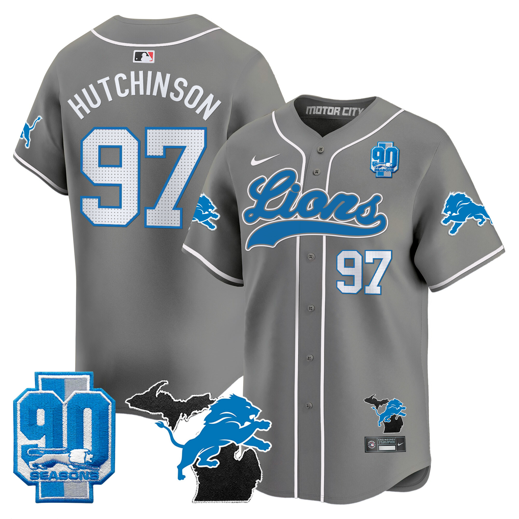Men's Detroit Lions 2024 Michigan & 90th Season Patch Baseball Jersey - All Stitched - Image 34